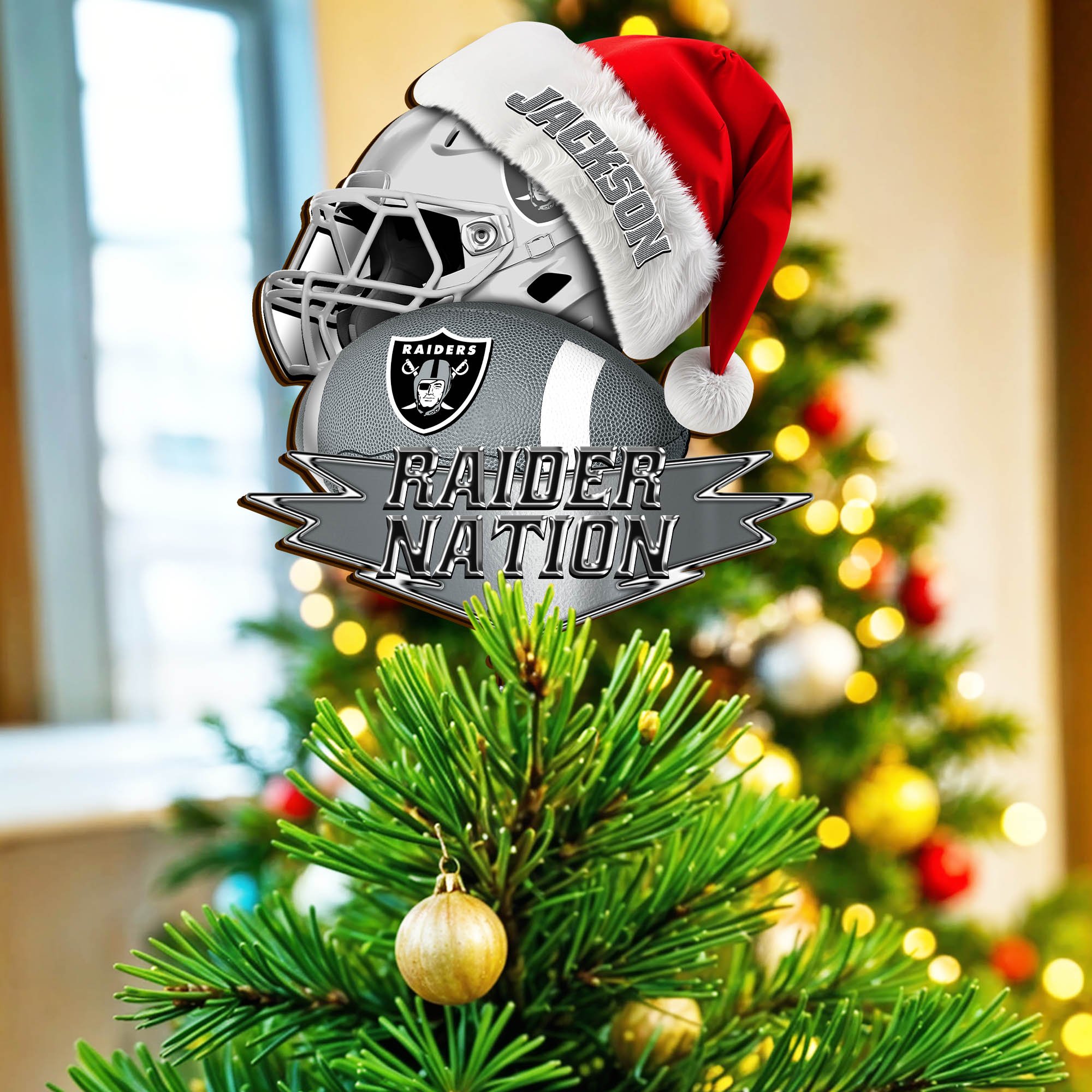 Las Vegas Raiders Tree Topper 2024 Version Custom Your Name, Christmas Tree Topper For Sport Lovers, Christmas Tree Decor, Sport Gifts ETHY-62754