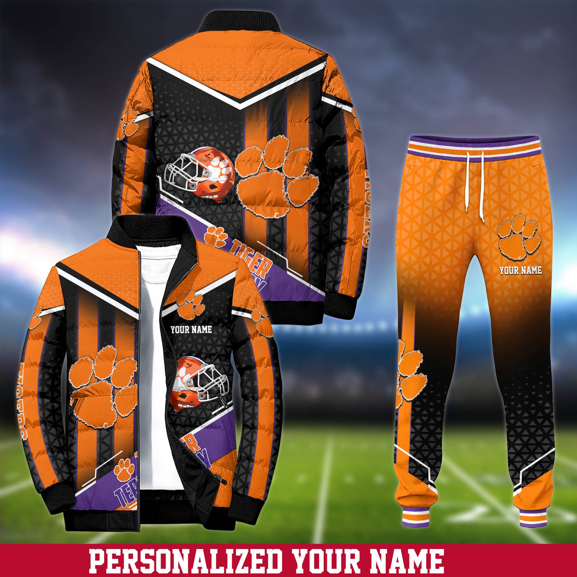 Clemson Tigers Puffer Jacket And Sweatpants 2024 Version Personalized Your Name, Puffer Jacket For Sport Fans, Sport Sweatpants, Gifts For Sport Lovers ETHY-62775