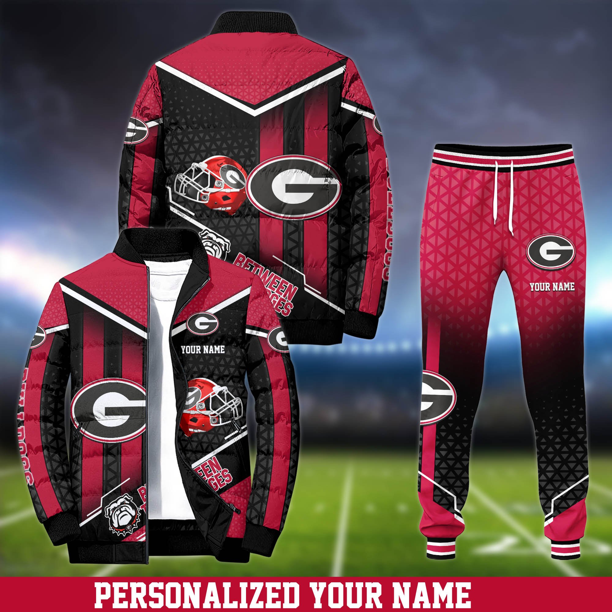 Georgia Bulldogs Puffer Jacket And Sweatpants 2024 Version Personalized Your Name, Puffer Jacket For Sport Fans, Sport Sweatpants, Gifts For Sport Lovers ETHY-62775