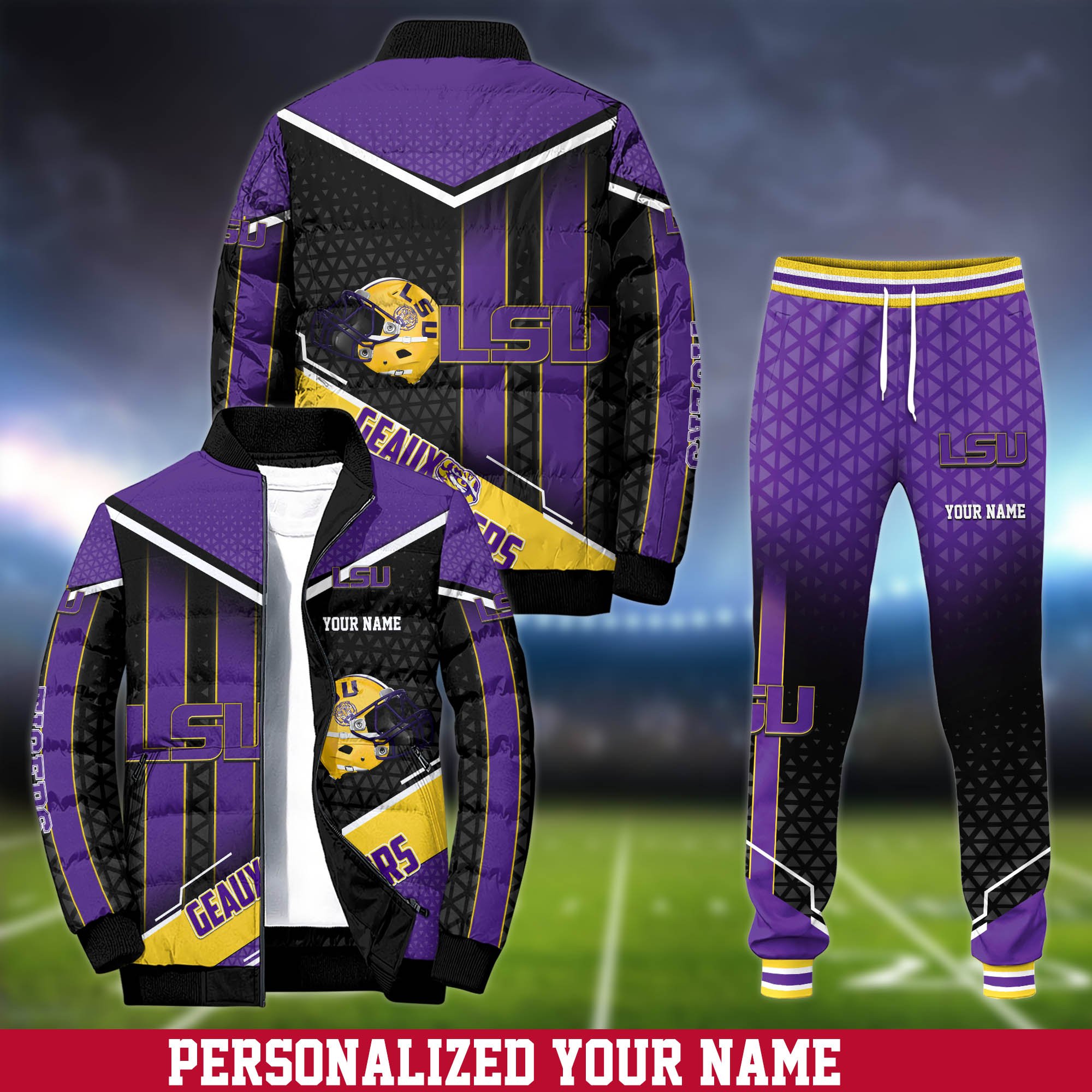 LSU TIGERS Puffer Jacket And Sweatpants 2024 Version Personalized Your Name, Puffer Jacket For Sport Fans, Sport Sweatpants, Gifts For Sport Lovers ETHY-62775