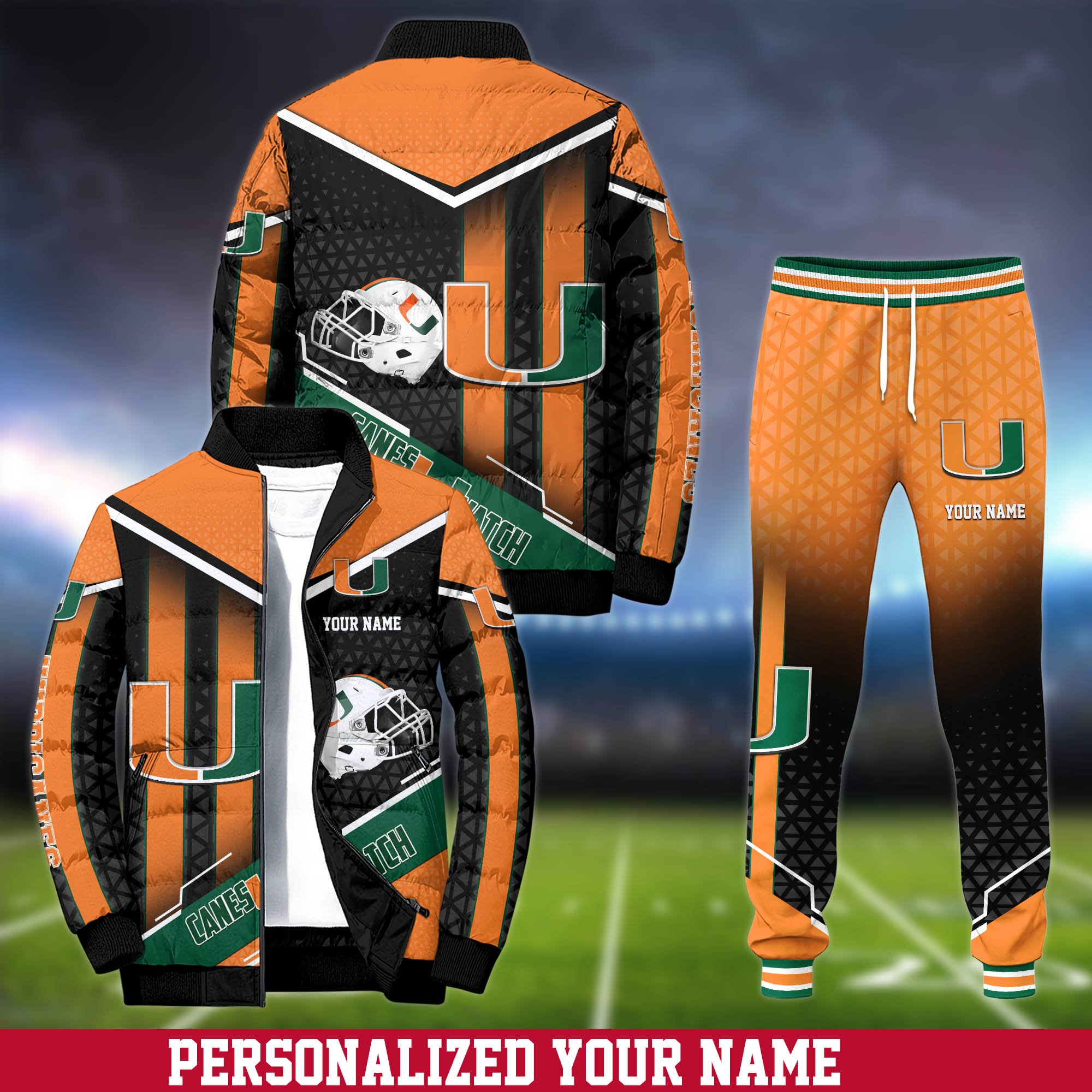 Miami Hurricanes Puffer Jacket And Sweatpants 2024 Version Personalized Your Name, Puffer Jacket For Sport Fans, Sport Sweatpants, Gifts For Sport Lovers ETHY-62775