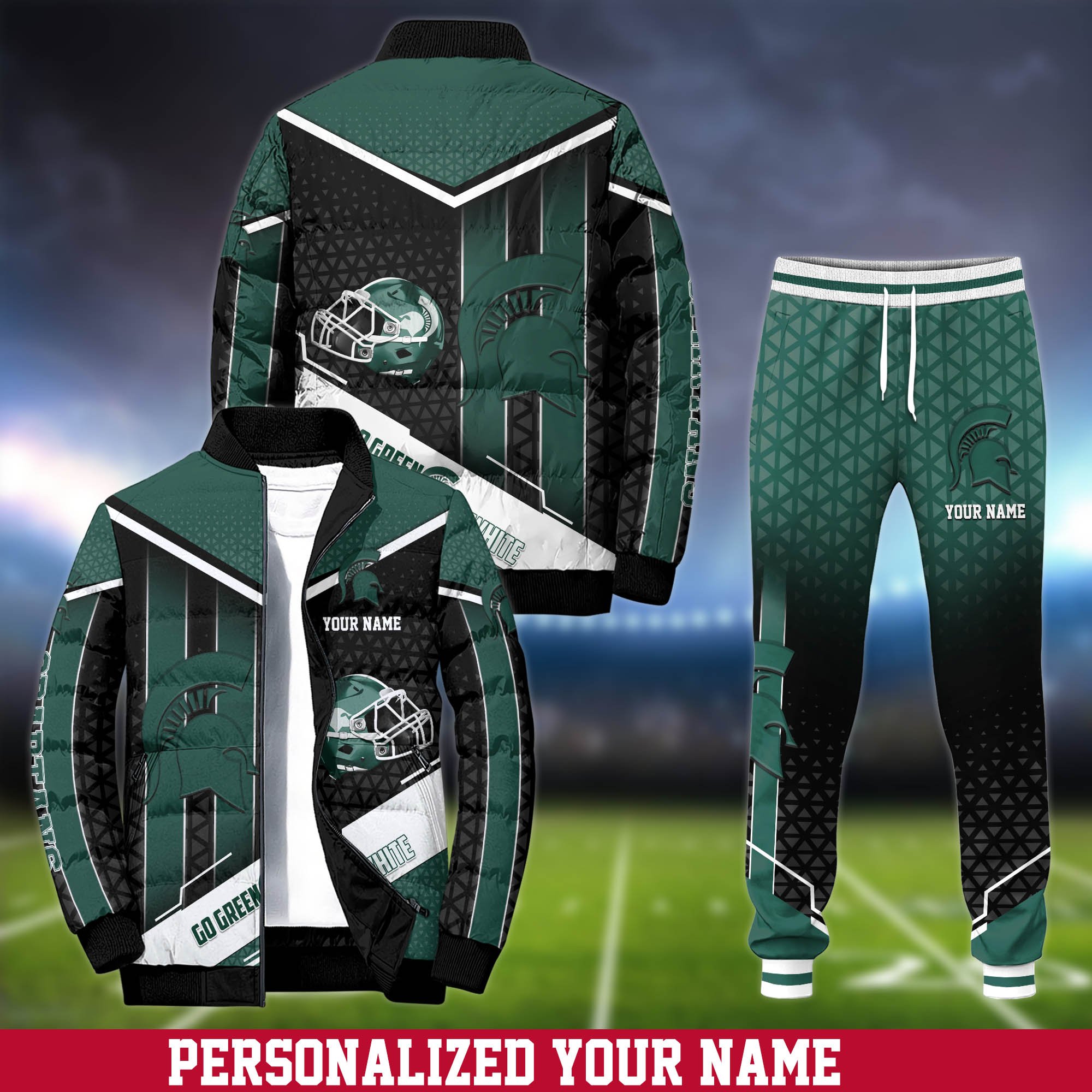Michigan State Spartans Puffer Jacket And Sweatpants 2024 Version Personalized Your Name, Puffer Jacket For Sport Fans, Sport Sweatpants, Gifts For Sport Lovers ETHY-62775