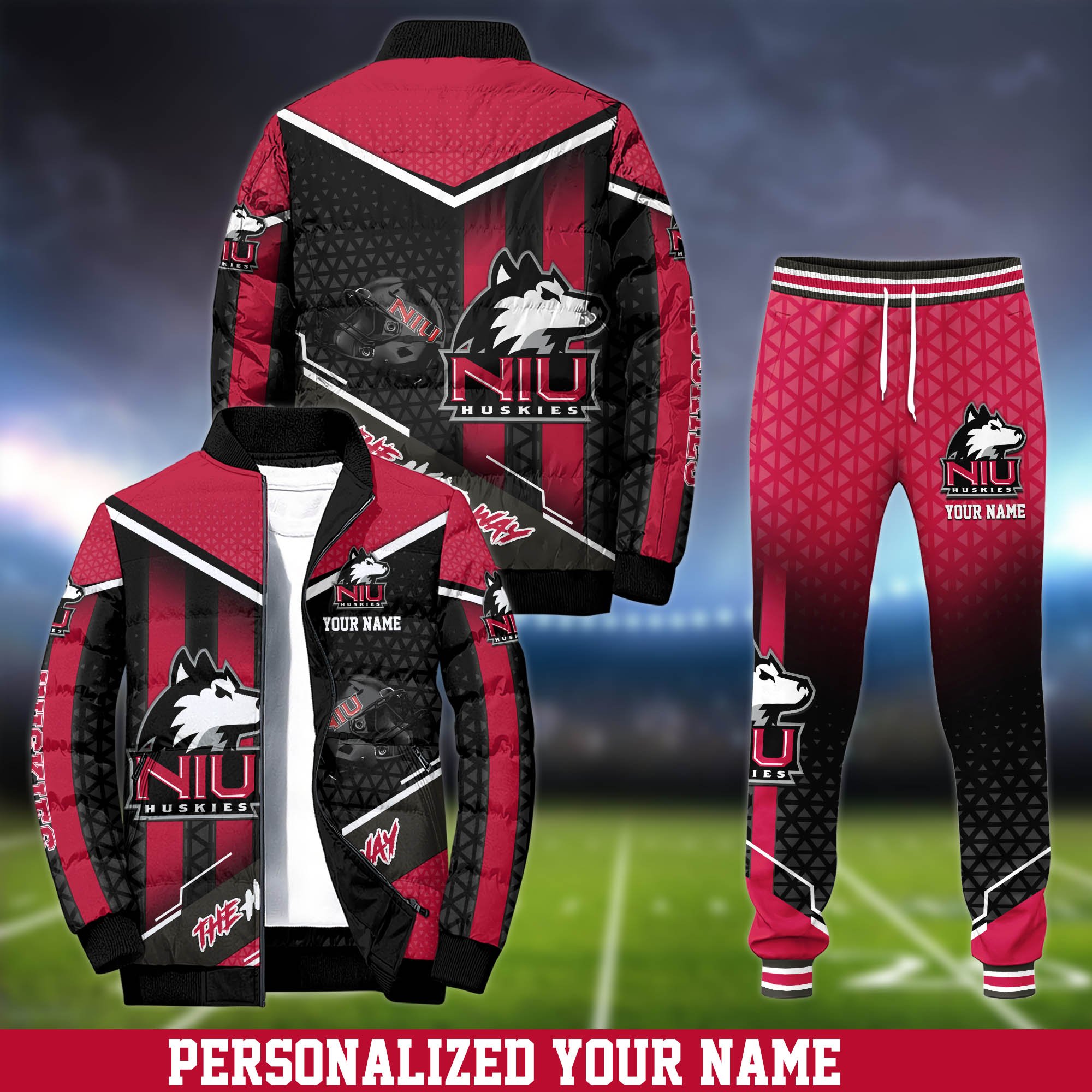 Northern Illinois Huskies Puffer Jacket And Sweatpants 2024 Version Personalized Your Name, Puffer Jacket For Sport Fans, Sport Sweatpants, Gifts For Sport Lovers ETHY-62775