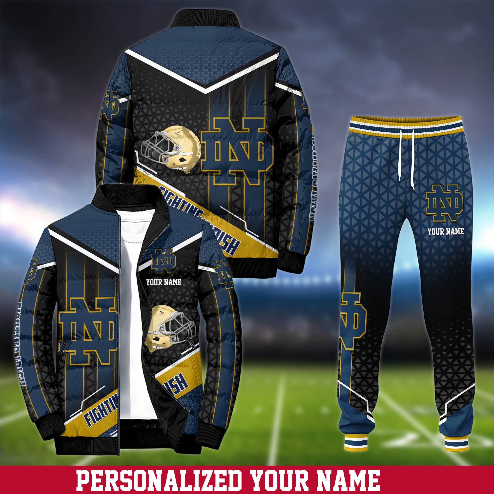 Notre Dame Fighting Irish Puffer Jacket And Sweatpants 2024 Version Personalized Your Name, Puffer Jacket For Sport Fans, Sport Sweatpants, Gifts For Sport Lovers ETHY-62775