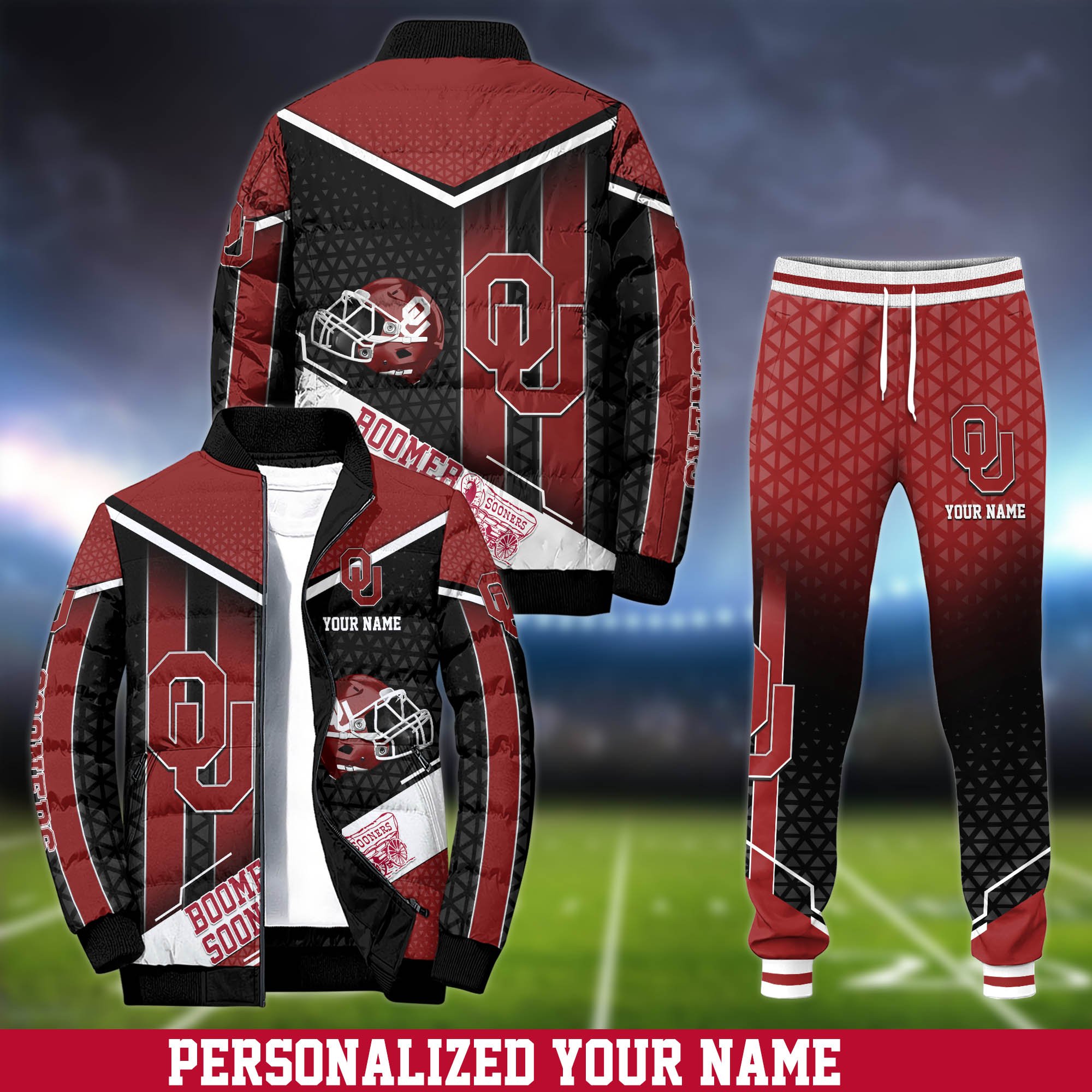 Oklahoma Sooners Puffer Jacket And Sweatpants 2024 Version Personalized Your Name, Puffer Jacket For Sport Fans, Sport Sweatpants, Gifts For Sport Lovers ETHY-62775