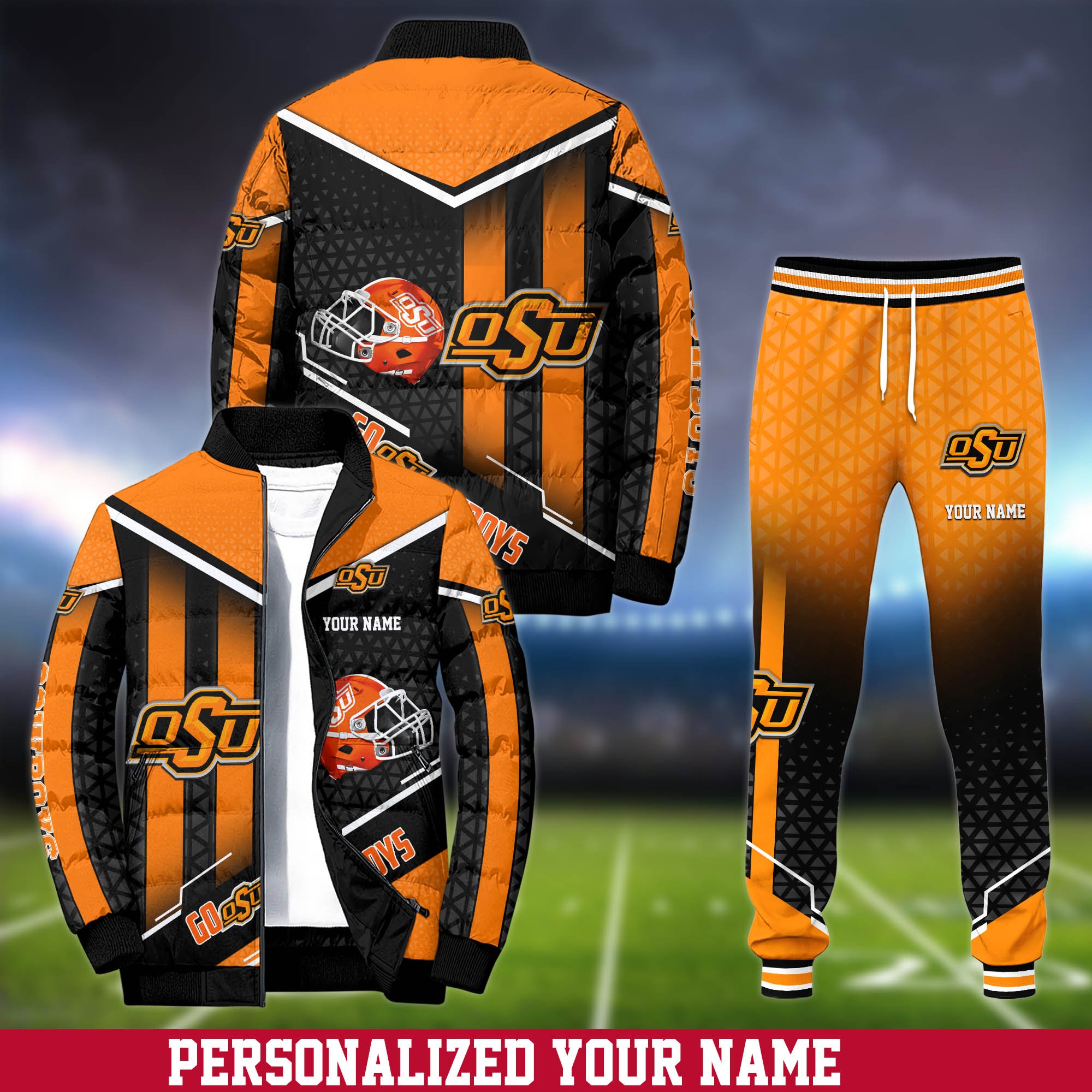 Oklahoma State Cowboys Puffer Jacket And Sweatpants 2024 Version Personalized Your Name, Puffer Jacket For Sport Fans, Sport Sweatpants, Gifts For Sport Lovers ETHY-62775