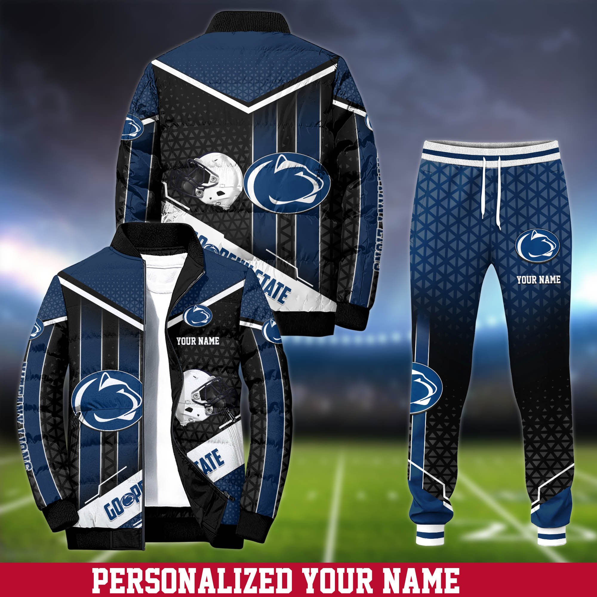 Penn State Nittany Lions Puffer Jacket And Sweatpants 2024 Version Personalized Your Name, Puffer Jacket For Sport Fans, Sport Sweatpants, Gifts For Sport Lovers ETHY-62775