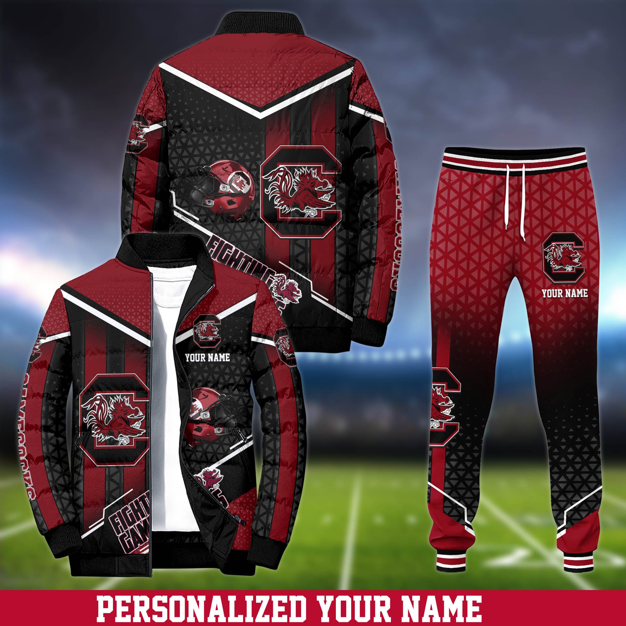 South Carolina Gamecocks Puffer Jacket And Sweatpants 2024 Version Personalized Your Name, Puffer Jacket For Sport Fans, Sport Sweatpants, Gifts For Sport Lovers ETHY-62775