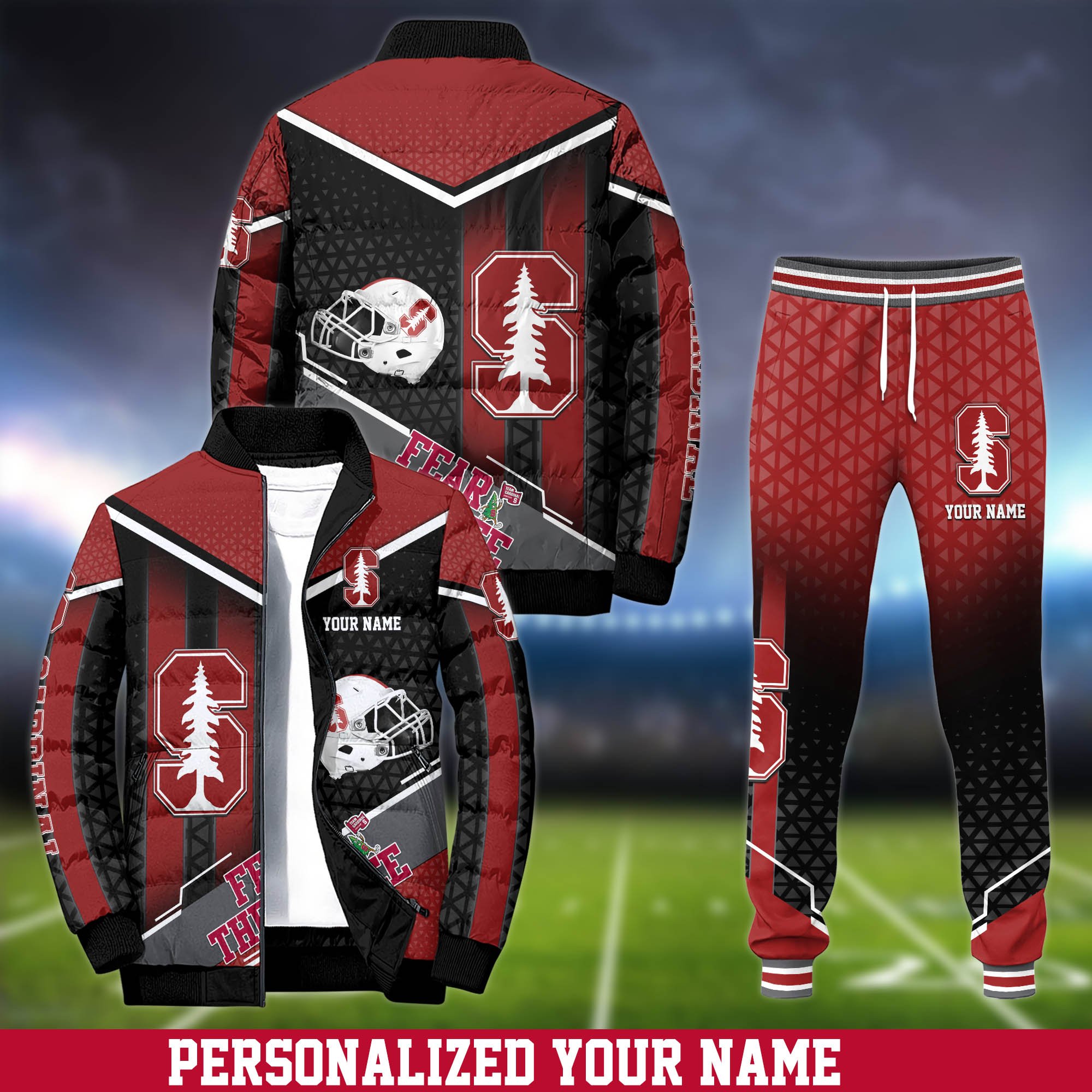 Stanford Cardinal Puffer Jacket And Sweatpants 2024 Version Personalized Your Name, Puffer Jacket For Sport Fans, Sport Sweatpants, Gifts For Sport Lovers ETHY-62775