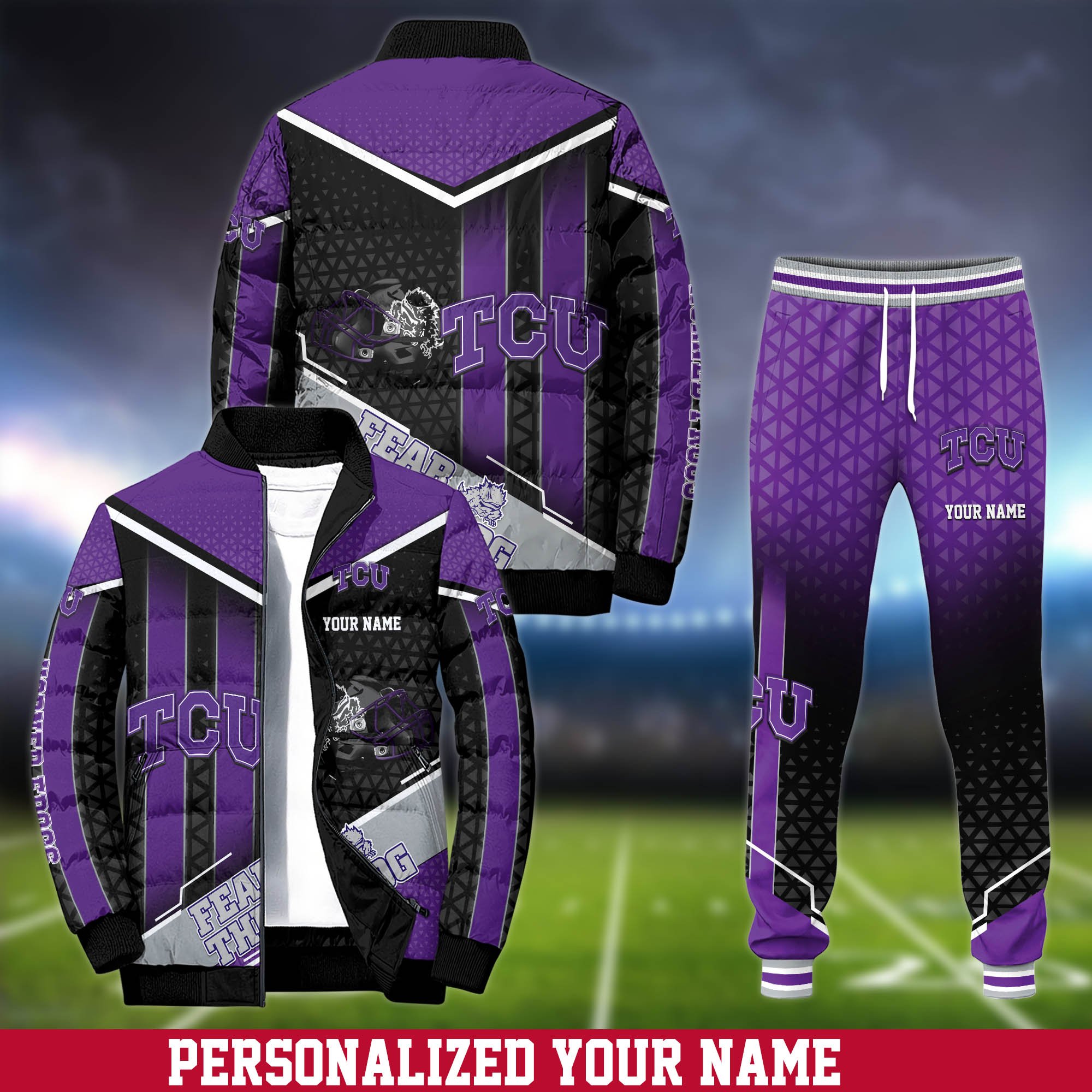TCU Horned Frogs Puffer Jacket And Sweatpants 2024 Version Personalized Your Name, Puffer Jacket For Sport Fans, Sport Sweatpants, Gifts For Sport Lovers ETHY-62775