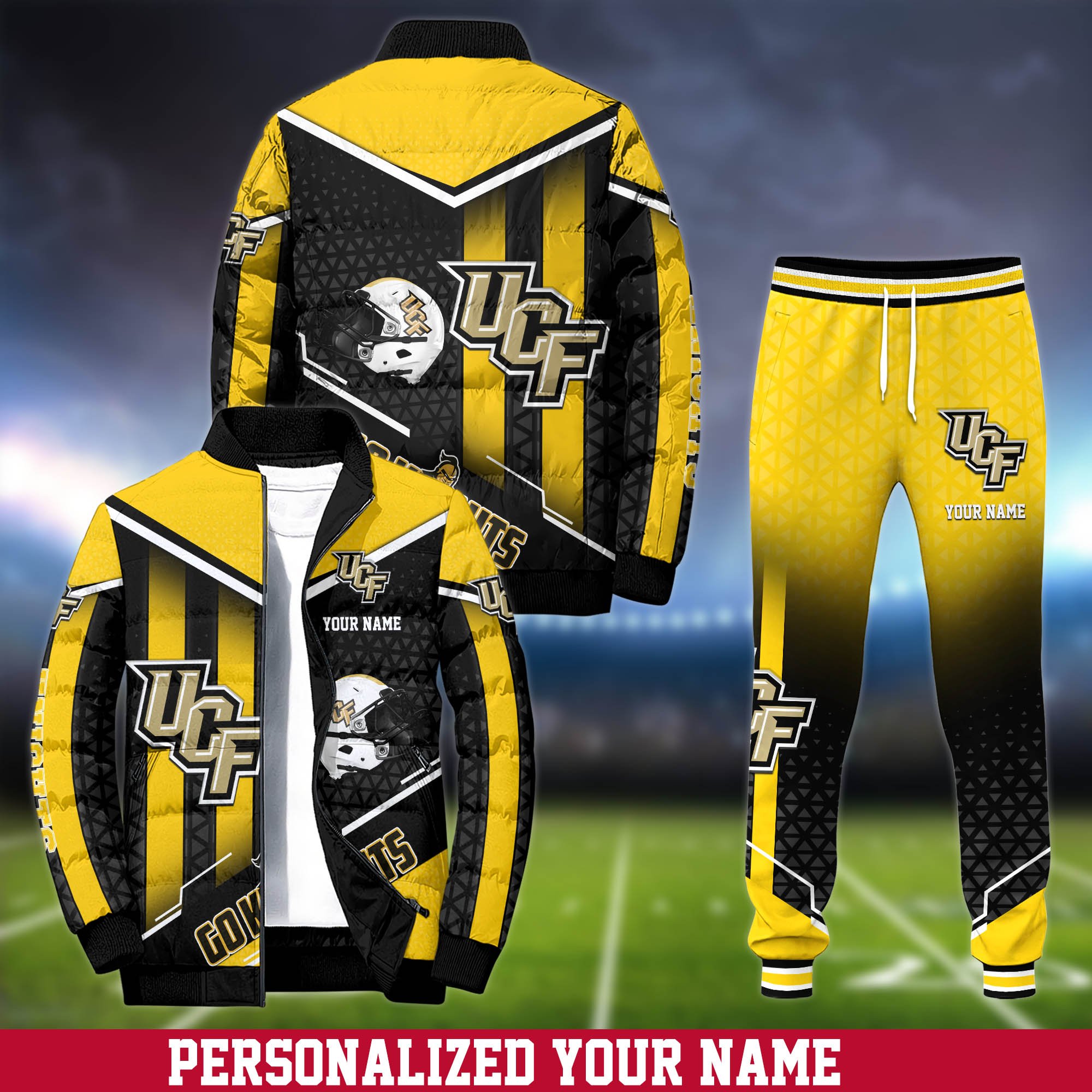 UCF Knights Puffer Jacket And Sweatpants 2024 Version Personalized Your Name, Puffer Jacket For Sport Fans, Sport Sweatpants, Gifts For Sport Lovers ETHY-62775