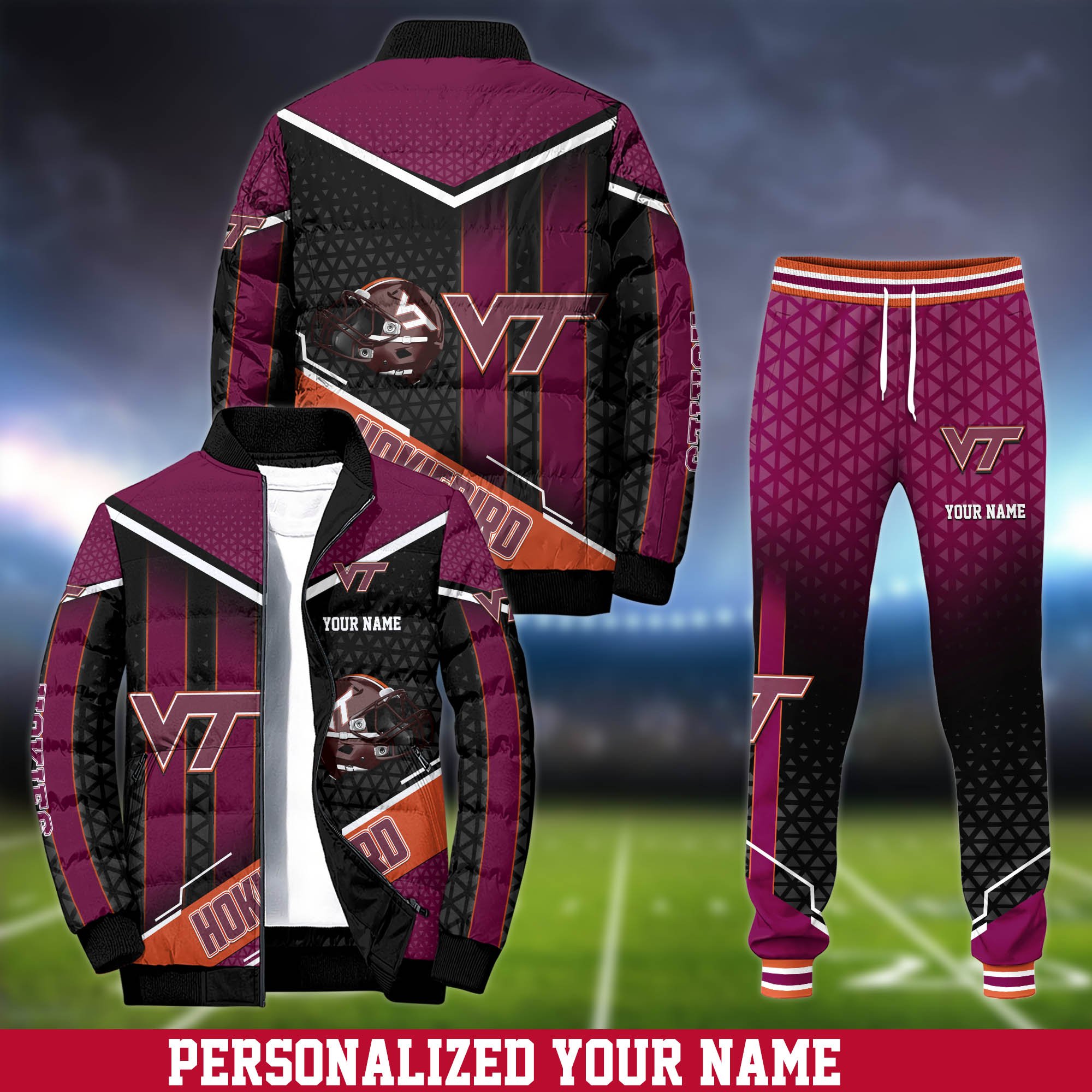Virginia Tech Hokies Puffer Jacket And Sweatpants 2024 Version Personalized Your Name, Puffer Jacket For Sport Fans, Sport Sweatpants, Gifts For Sport Lovers ETHY-62775