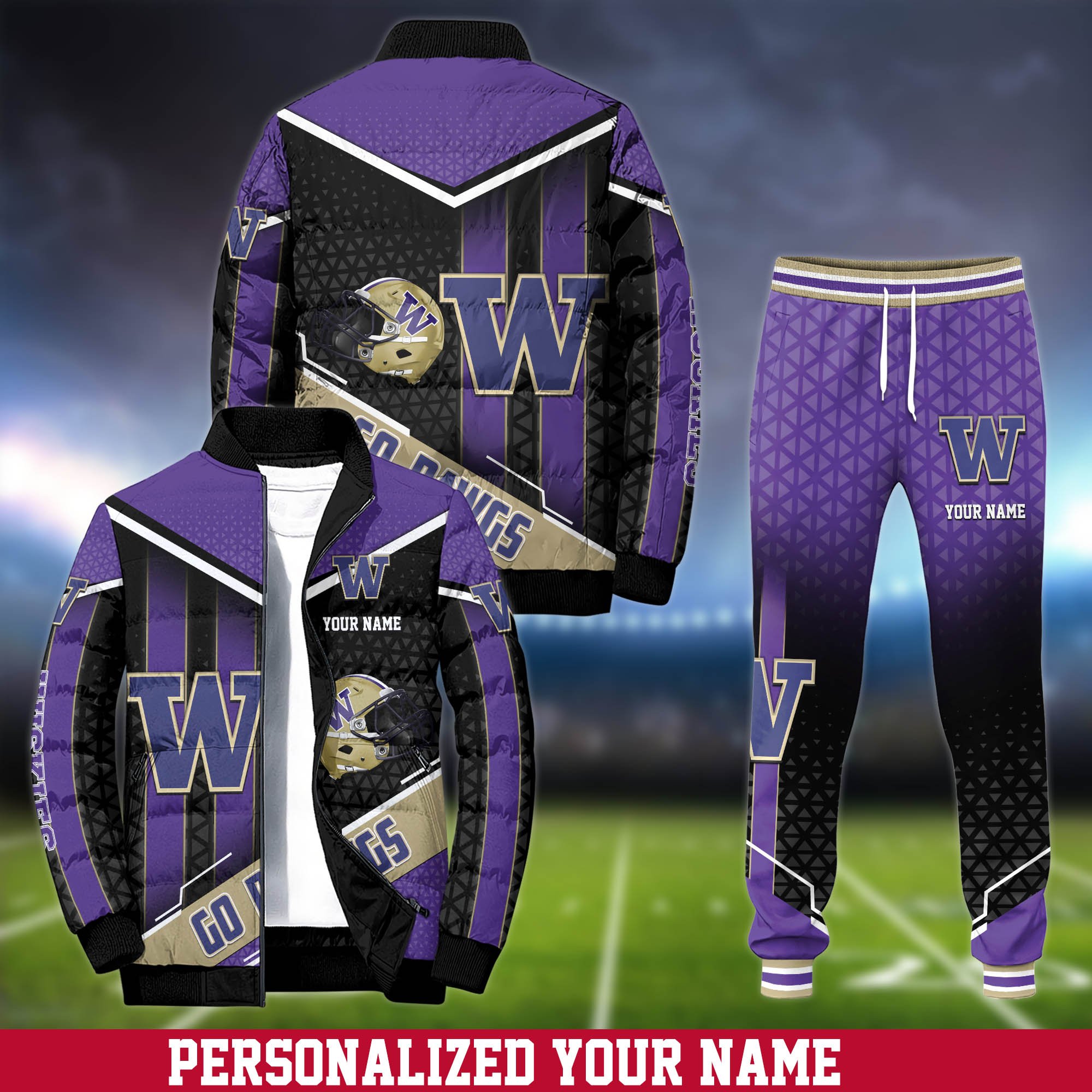 Washington Huskies Puffer Jacket And Sweatpants 2024 Version Personalized Your Name, Puffer Jacket For Sport Fans, Sport Sweatpants, Gifts For Sport Lovers ETHY-62775