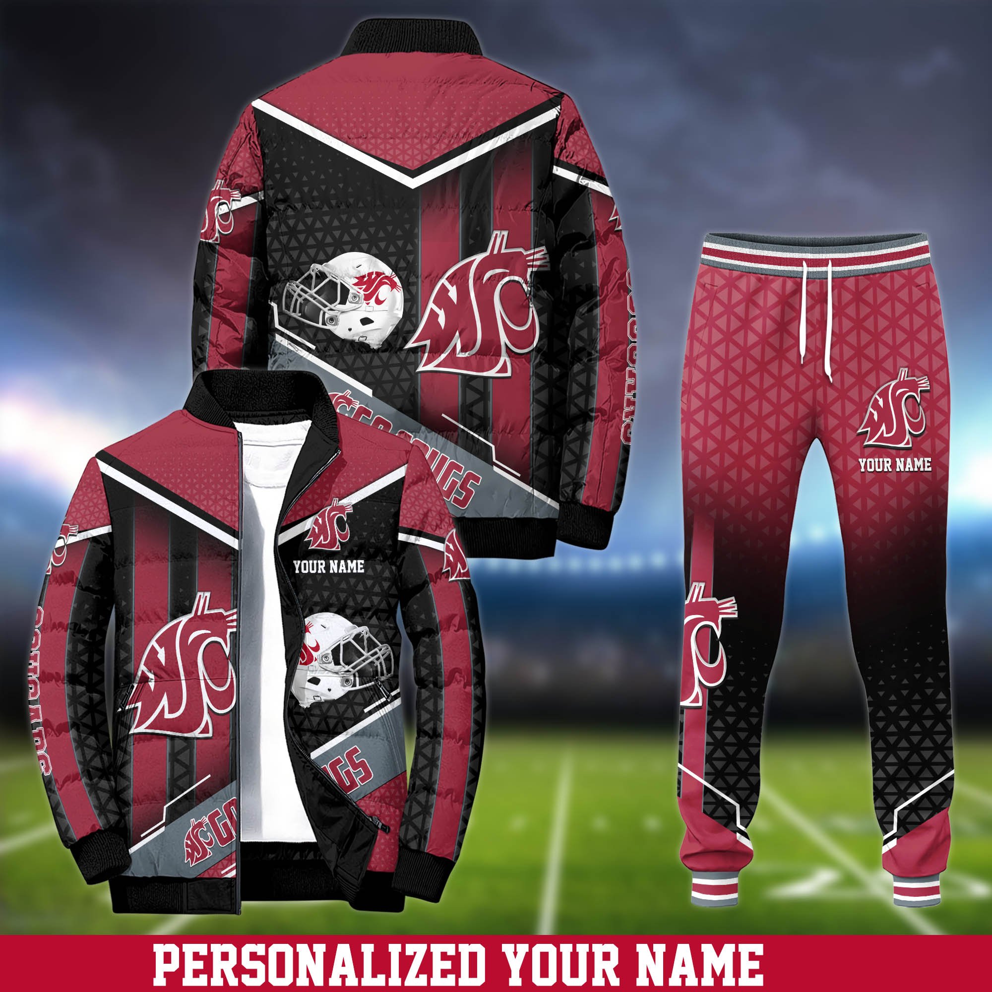 Washington State Cougars Puffer Jacket And Sweatpants 2024 Version Personalized Your Name, Puffer Jacket For Sport Fans, Sport Sweatpants, Gifts For Sport Lovers ETHY-62775