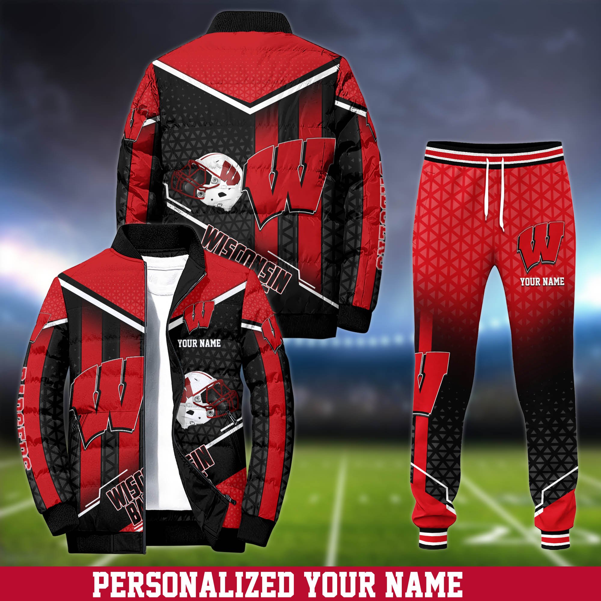 Wisconsin Badgers Puffer Jacket And Sweatpants 2024 Version Personalized Your Name, Puffer Jacket For Sport Fans, Sport Sweatpants, Gifts For Sport Lovers ETHY-62775