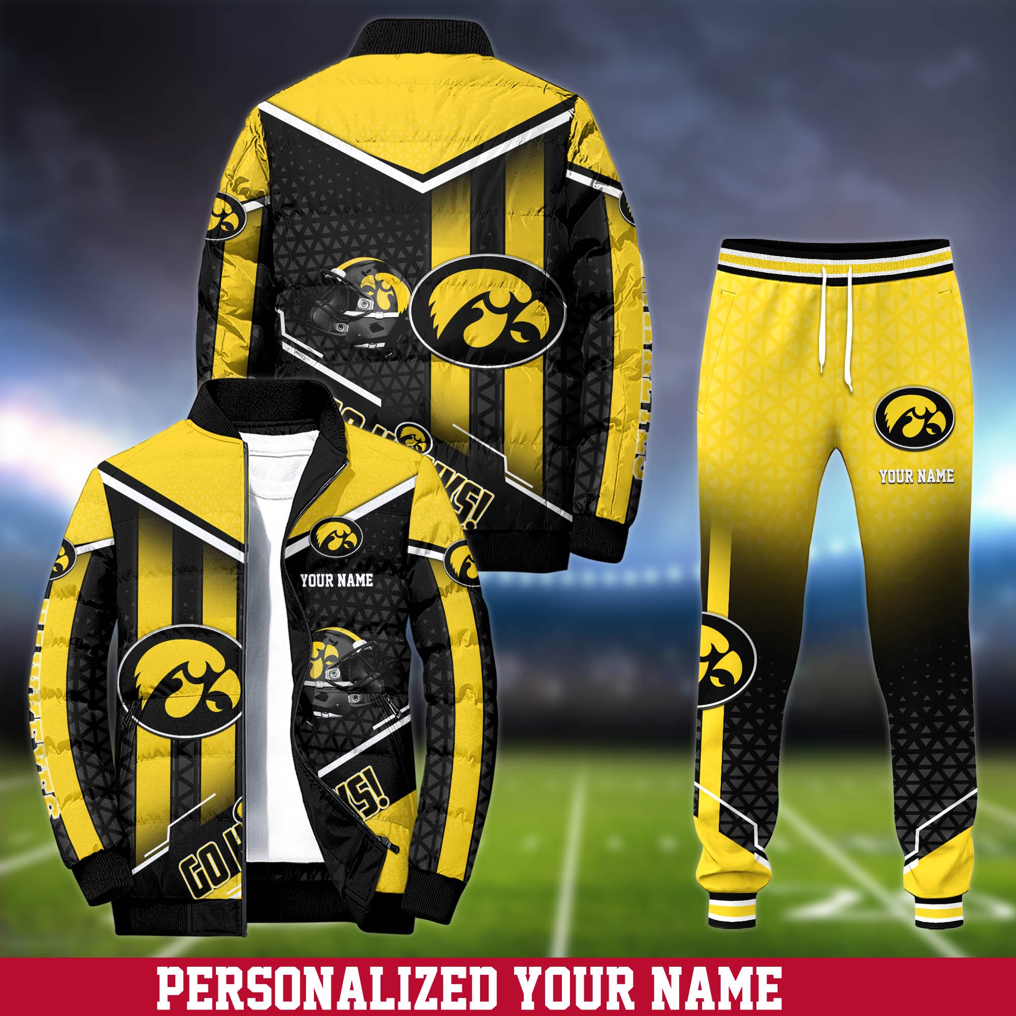 Iowa Hawkeyes Puffer Jacket And Sweatpants 2024 Version Personalized Your Name, Puffer Jacket For Sport Fans, Sport Sweatpants, Gifts For Sport Lovers ETHY-62775