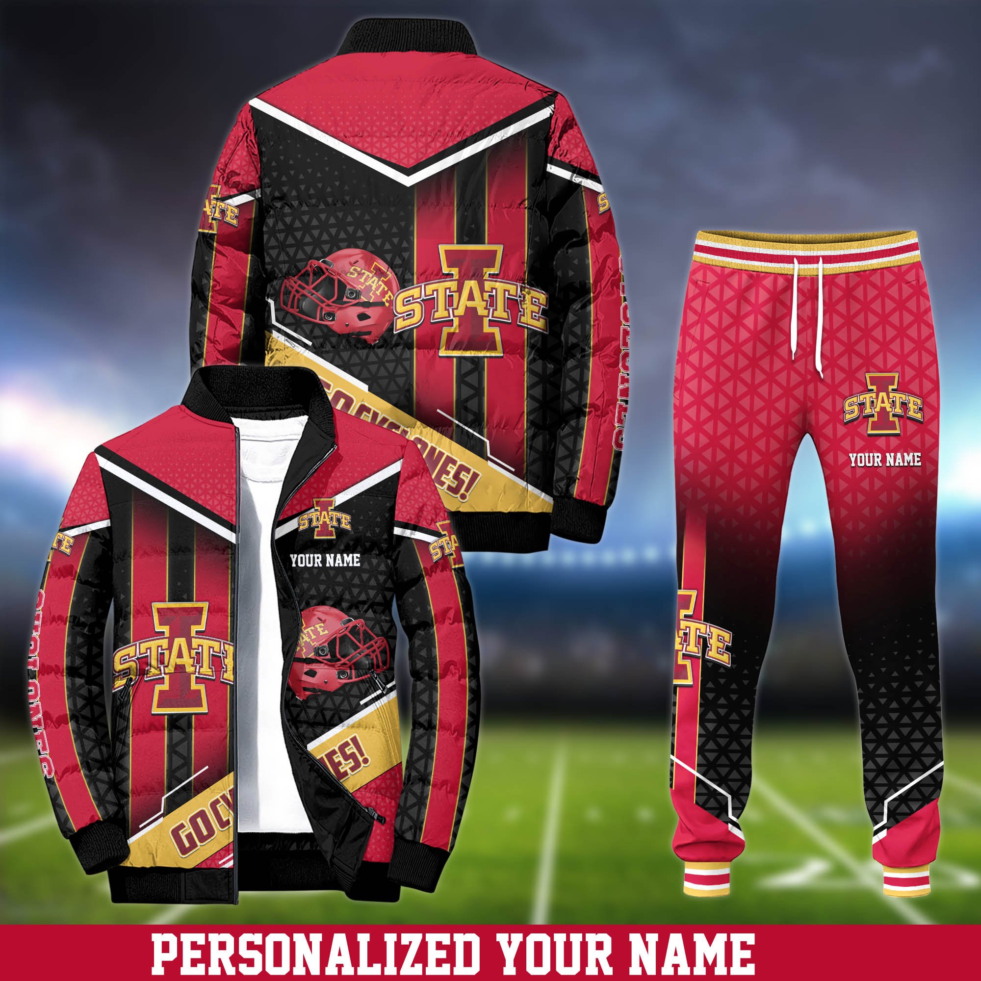 Iowa State Cyclones Puffer Jacket And Sweatpants 2024 Version Personalized Your Name, Puffer Jacket For Sport Fans, Sport Sweatpants, Gifts For Sport Lovers ETHY-62775