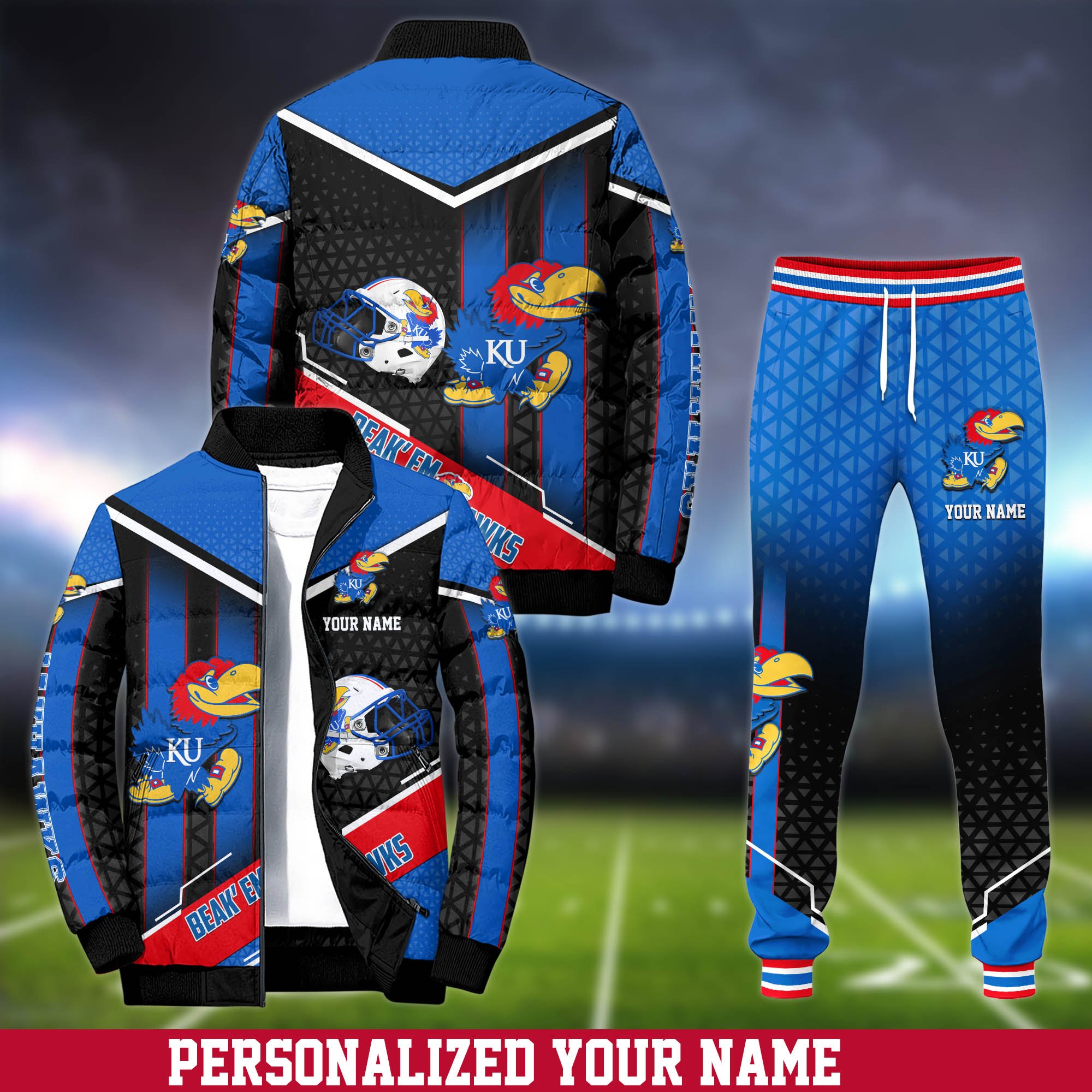 Kansas Jayhawks Puffer Jacket And Sweatpants 2024 Version Personalized Your Name, Puffer Jacket For Sport Fans, Sport Sweatpants, Gifts For Sport Lovers ETHY-62775