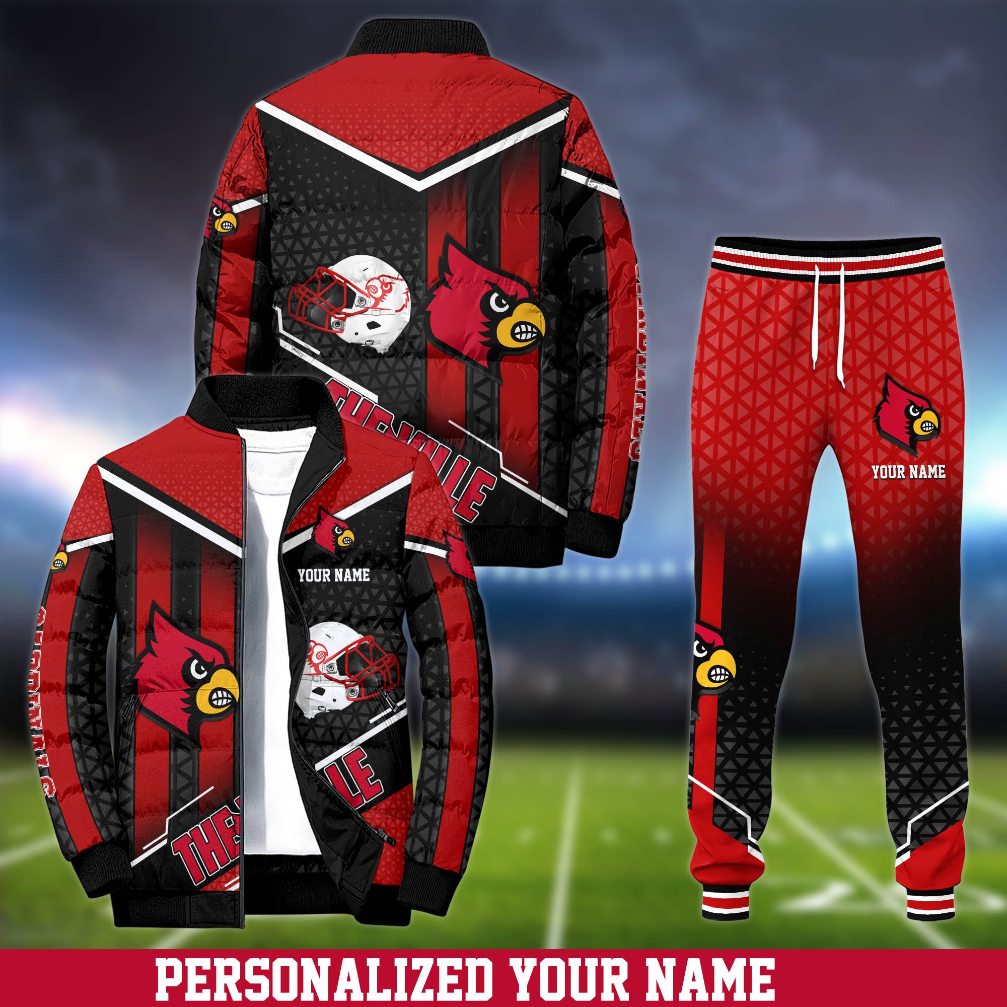 Louisville Cardinals Puffer Jacket And Sweatpants 2024 Version Personalized Your Name, Puffer Jacket For Sport Fans, Sport Sweatpants, Gifts For Sport Lovers ETHY-62775