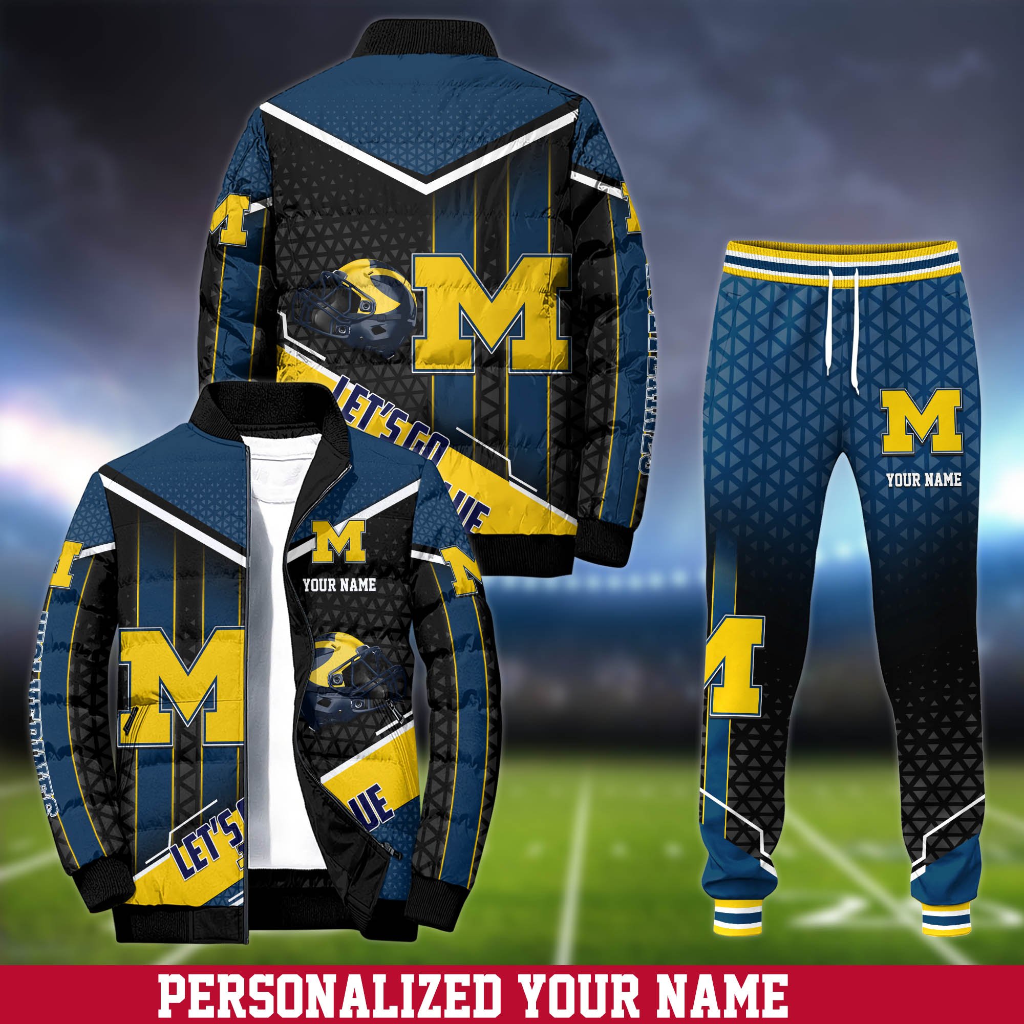 Michigan Wolverines Puffer Jacket And Sweatpants 2024 Version Personalized Your Name, Puffer Jacket For Sport Fans, Sport Sweatpants, Gifts For Sport Lovers ETHY-62775