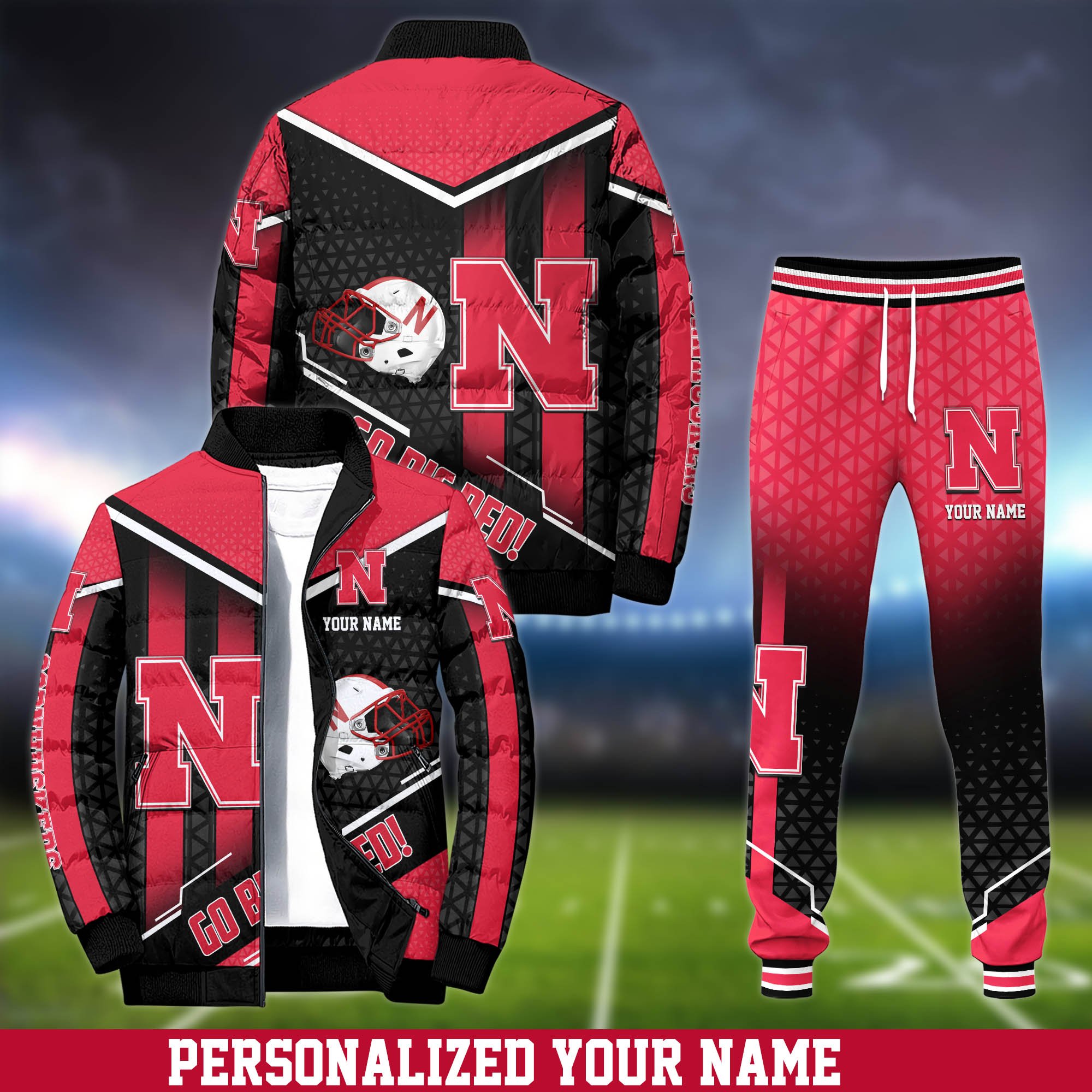 Nebraska Cornhuskers Puffer Jacket And Sweatpants 2024 Version Personalized Your Name, Puffer Jacket For Sport Fans, Sport Sweatpants, Gifts For Sport Lovers ETHY-62775