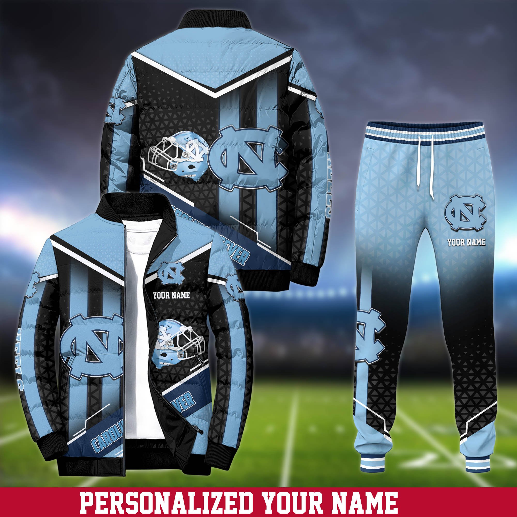 North Carolina Tar Heels Puffer Jacket And Sweatpants 2024 Version Personalized Your Name, Puffer Jacket For Sport Fans, Sport Sweatpants, Gifts For Sport Lovers ETHY-62775