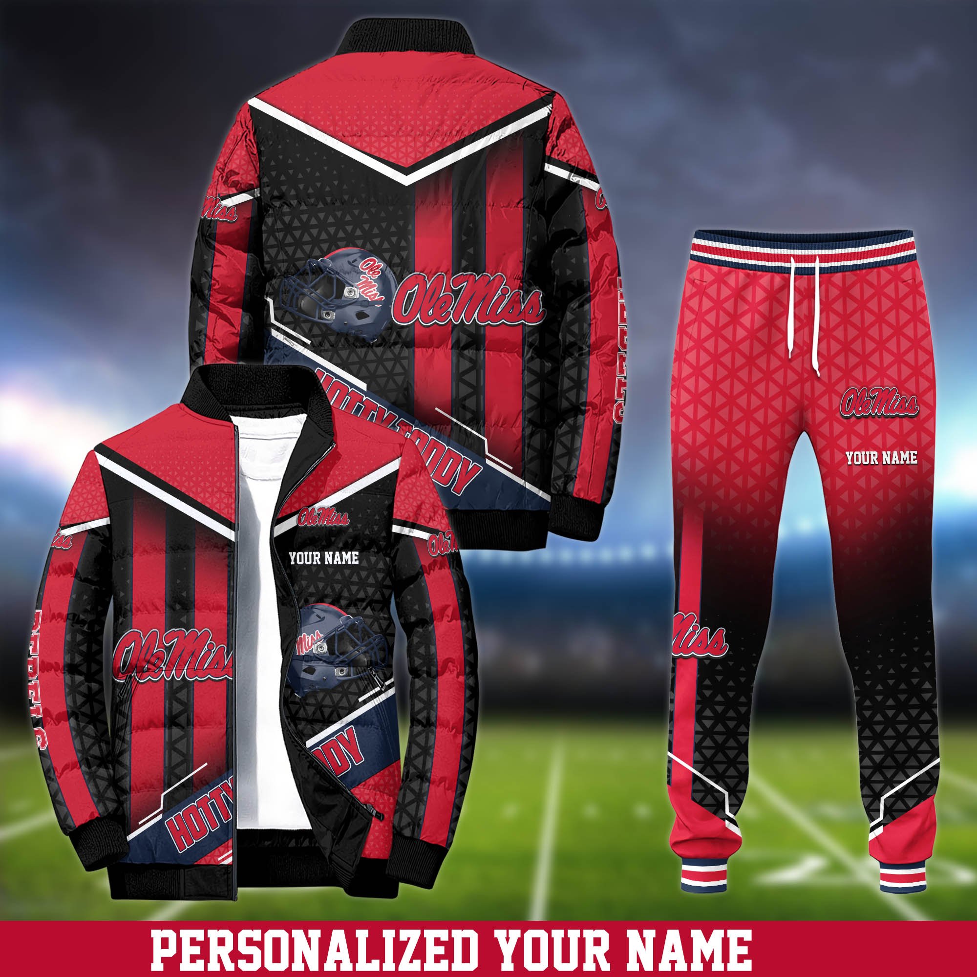 Ole Miss Rebels Puffer Jacket And Sweatpants 2024 Version Personalized Your Name, Puffer Jacket For Sport Fans, Sport Sweatpants, Gifts For Sport Lovers ETHY-62775