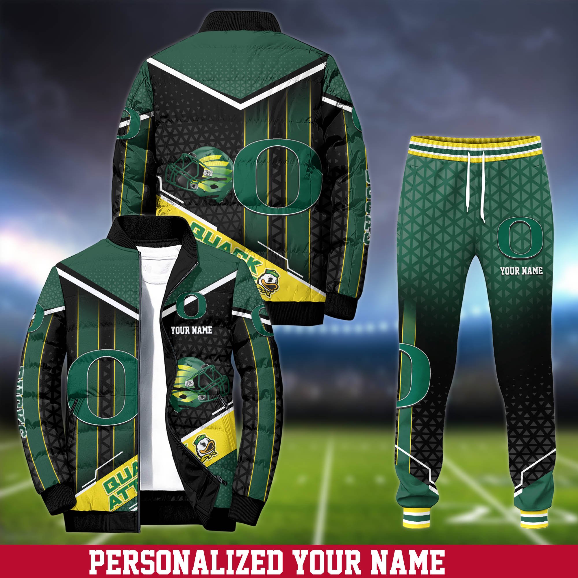 Oregon Ducks Puffer Jacket And Sweatpants 2024 Version Personalized Your Name, Puffer Jacket For Sport Fans, Sport Sweatpants, Gifts For Sport Lovers ETHY-62775