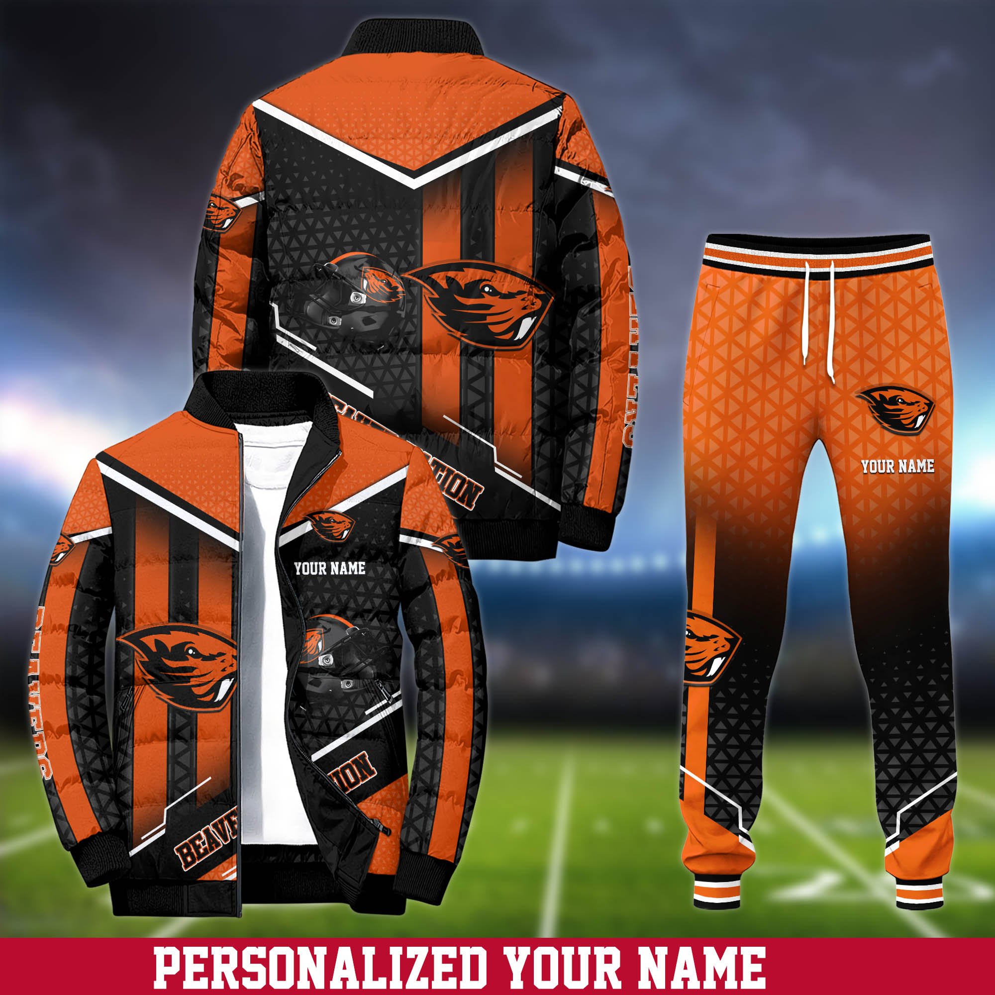 Oregon State Beavers Puffer Jacket And Sweatpants 2024 Version Personalized Your Name, Puffer Jacket For Sport Fans, Sport Sweatpants, Gifts For Sport Lovers ETHY-62775