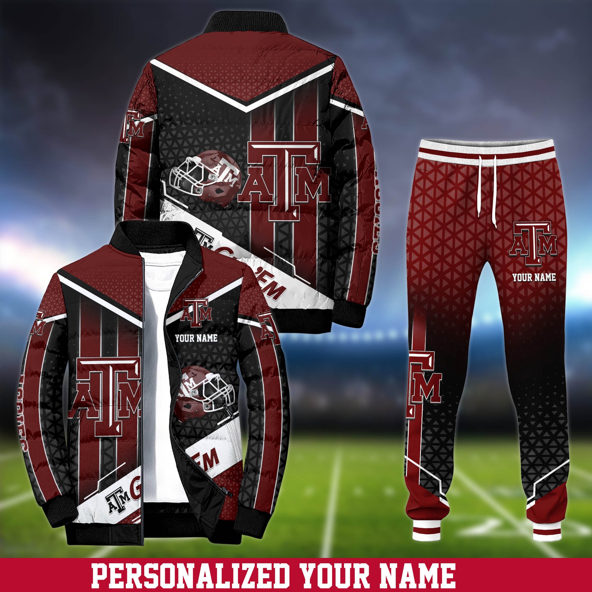 Texas A&M Aggies Puffer Jacket And Sweatpants 2024 Version Personalized Your Name, Puffer Jacket For Sport Fans, Sport Sweatpants, Gifts For Sport Lovers ETHY-62775