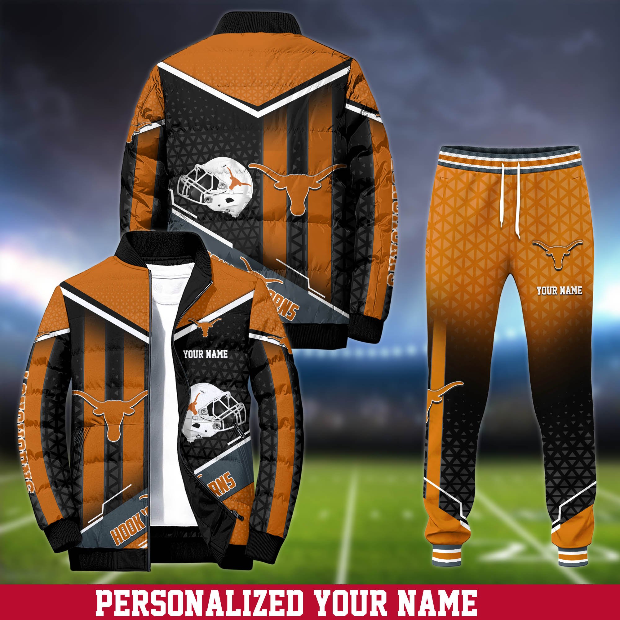 Texas Longhorns Puffer Jacket And Sweatpants 2024 Version Personalized Your Name, Puffer Jacket For Sport Fans, Sport Sweatpants, Gifts For Sport Lovers ETHY-62775