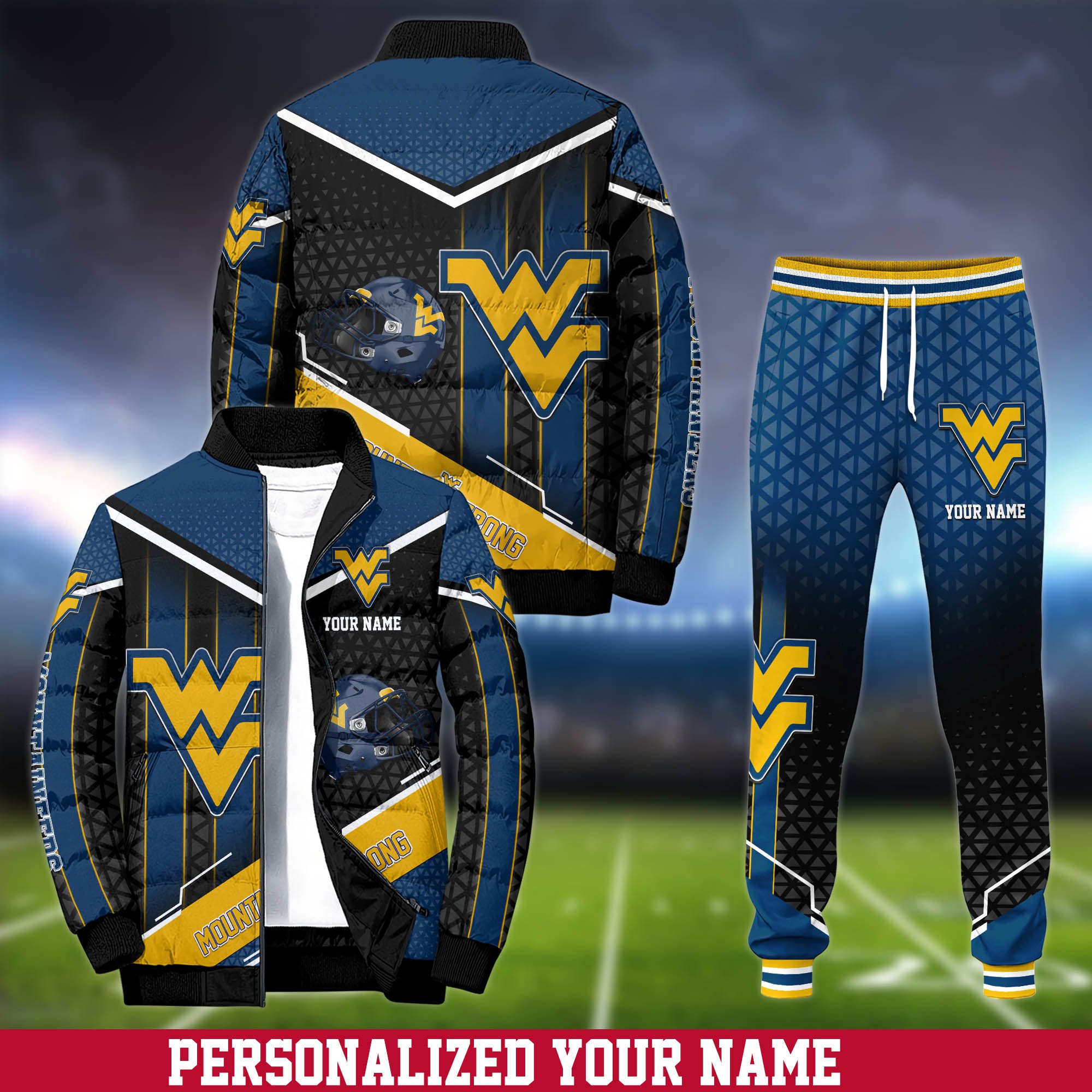 West Virginia Mountaineers Puffer Jacket And Sweatpants 2024 Version Personalized Your Name, Puffer Jacket For Sport Fans, Sport Sweatpants, Gifts For Sport Lovers ETHY-62775