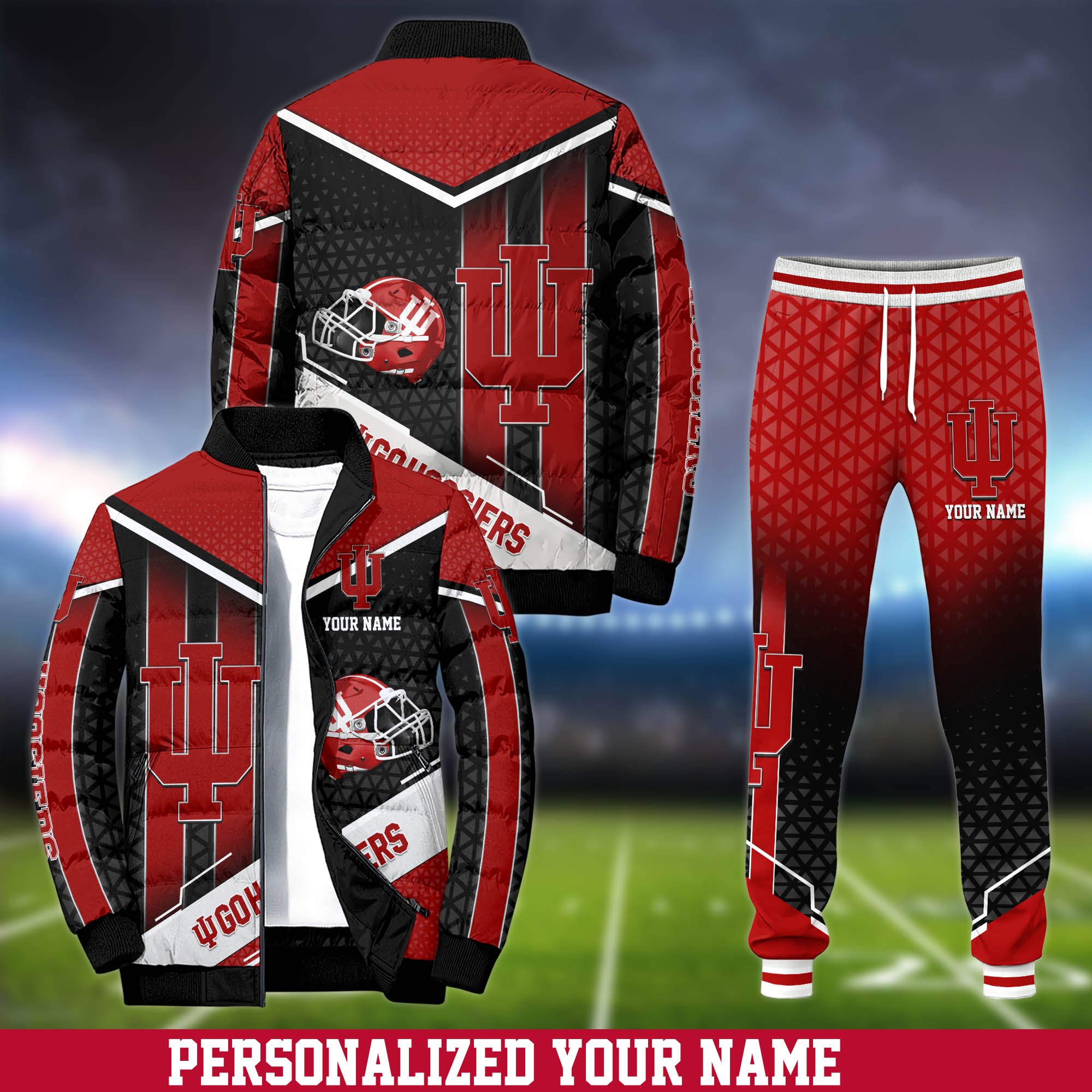 Indiana Hoosiers Puffer Jacket And Sweatpants 2024 Version Personalized Your Name, Puffer Jacket For Sport Fans, Sport Sweatpants, Gifts For Sport Lovers ETHY-62775