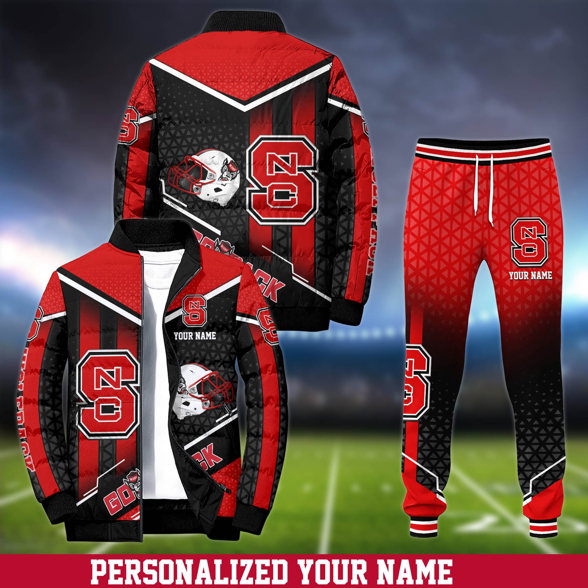 NC State Wolfpack Puffer Jacket And Sweatpants 2024 Version Personalized Your Name, Puffer Jacket For Sport Fans, Sport Sweatpants, Gifts For Sport Lovers ETHY-62775