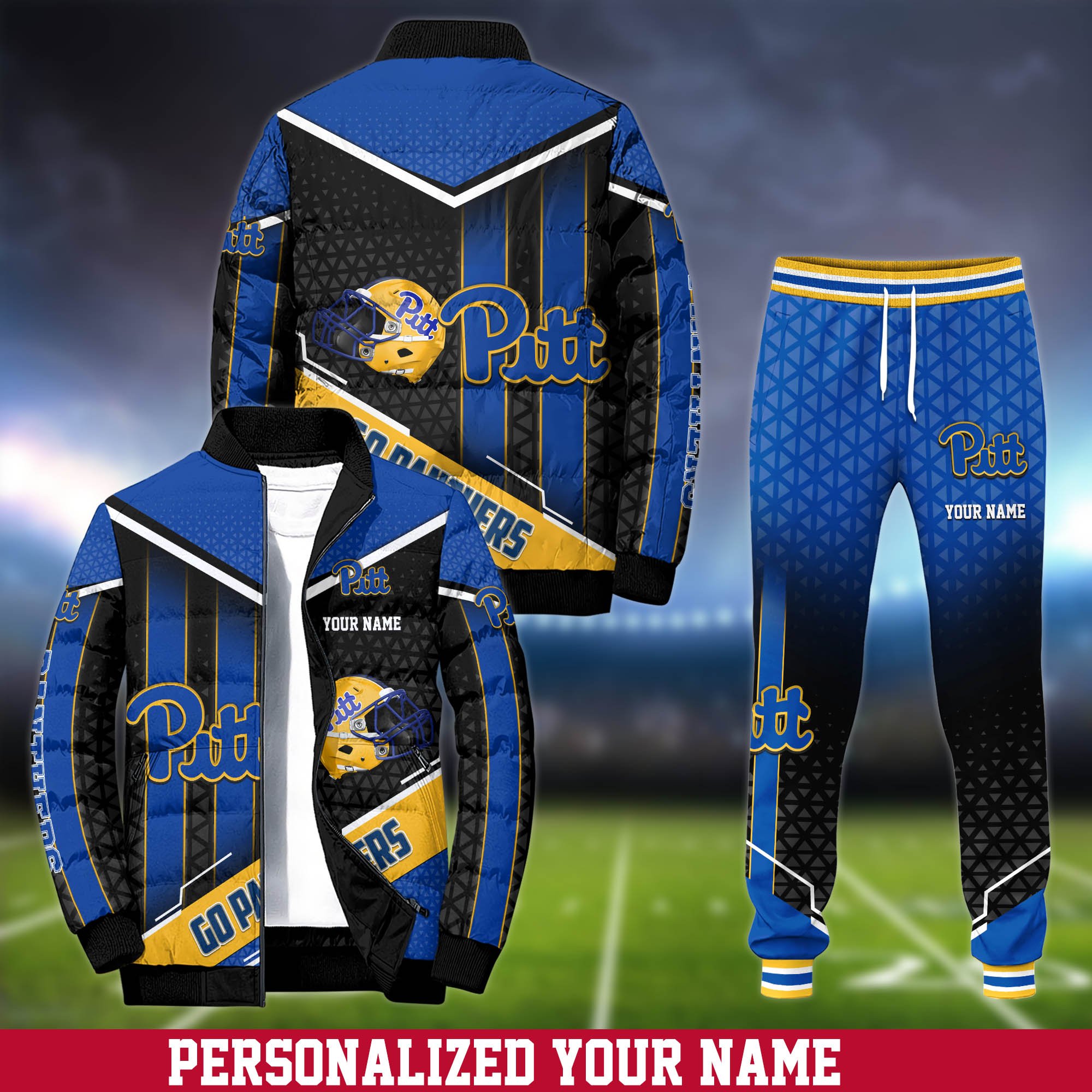 Pittsburgh Panthers Puffer Jacket And Sweatpants 2024 Version Personalized Your Name, Puffer Jacket For Sport Fans, Sport Sweatpants, Gifts For Sport Lovers ETHY-62775
