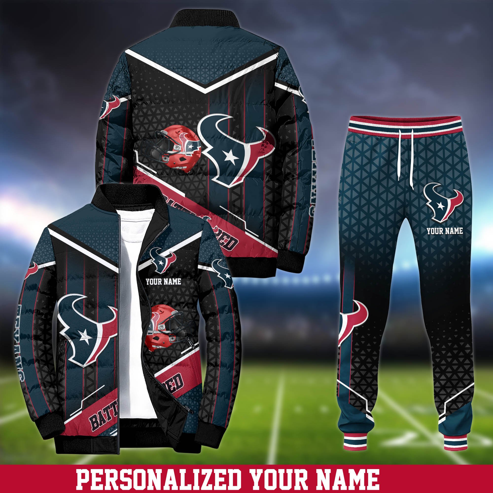Houston Texans Puffer Jacket And Sweatpants 2024 Version Personalized Your Name, Puffer Jacket For Sport Fans, Sport Sweatpants, Gifts For Sport Lovers ETHY-62775