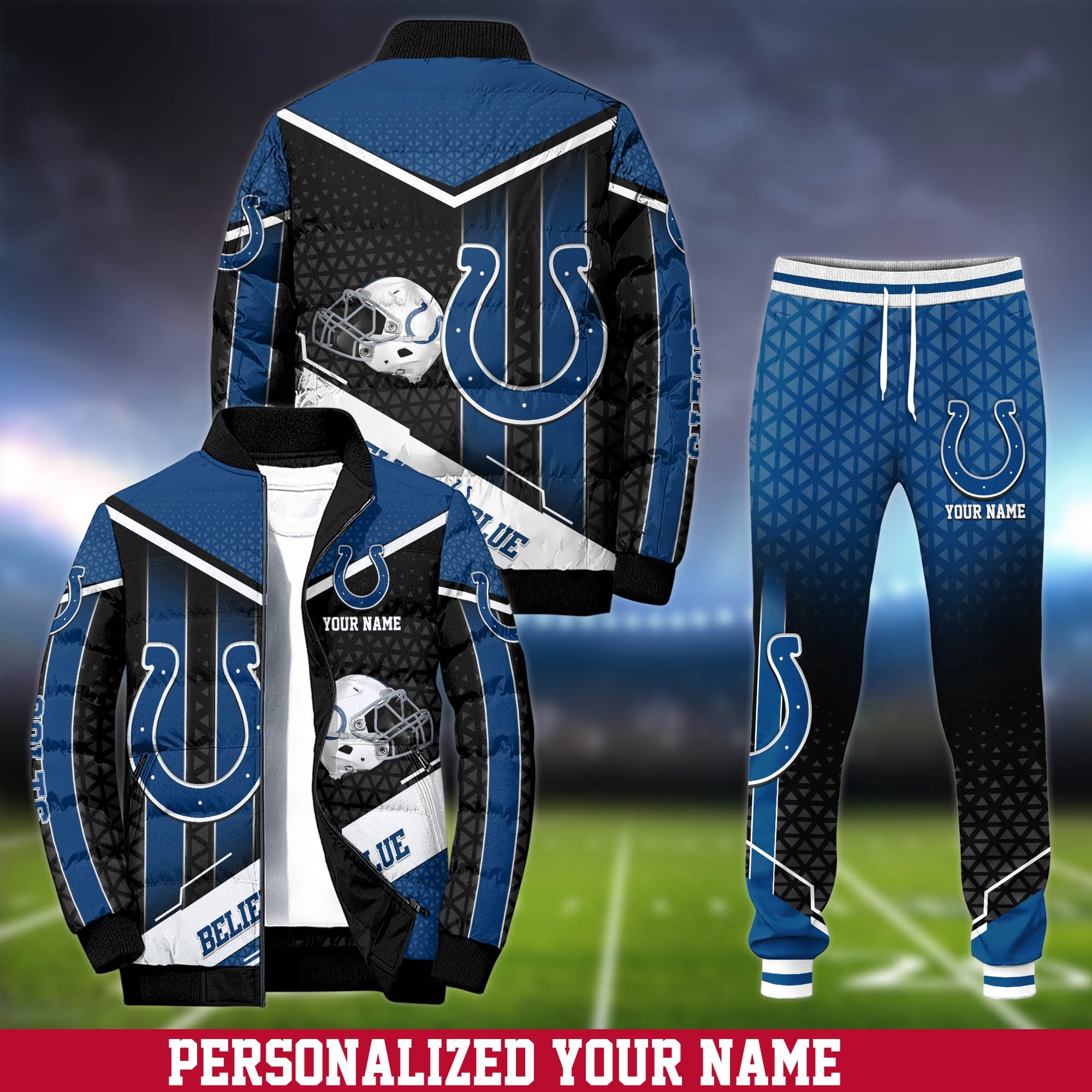 Indianapolis Colts Puffer Jacket And Sweatpants 2024 Version Personalized Your Name, Puffer Jacket For Sport Fans, Sport Sweatpants, Gifts For Sport Lovers ETHY-62775