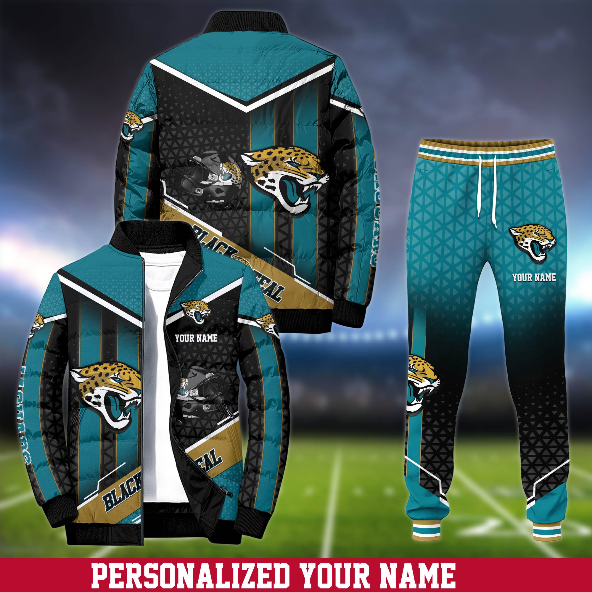 Jacksonville Jaguars Puffer Jacket And Sweatpants 2024 Version Personalized Your Name, Puffer Jacket For Sport Fans, Sport Sweatpants, Gifts For Sport Lovers ETHY-62775