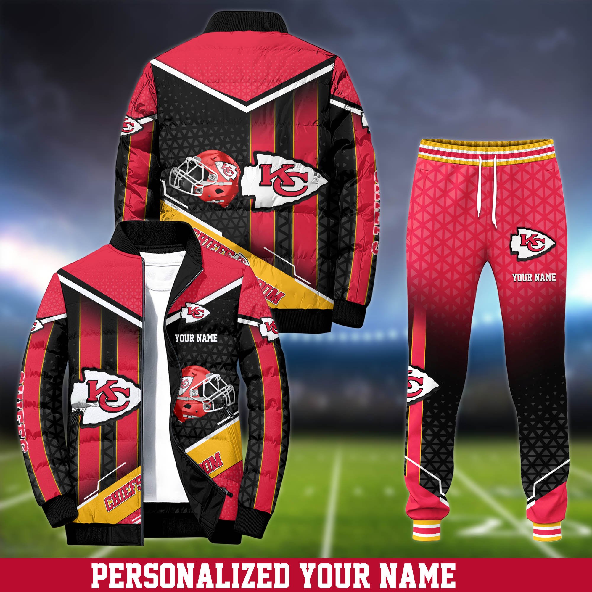 Kansas City Chiefs Puffer Jacket And Sweatpants 2024 Version Personalized Your Name, Puffer Jacket For Sport Fans, Sport Sweatpants, Gifts For Sport Lovers ETHY-62775