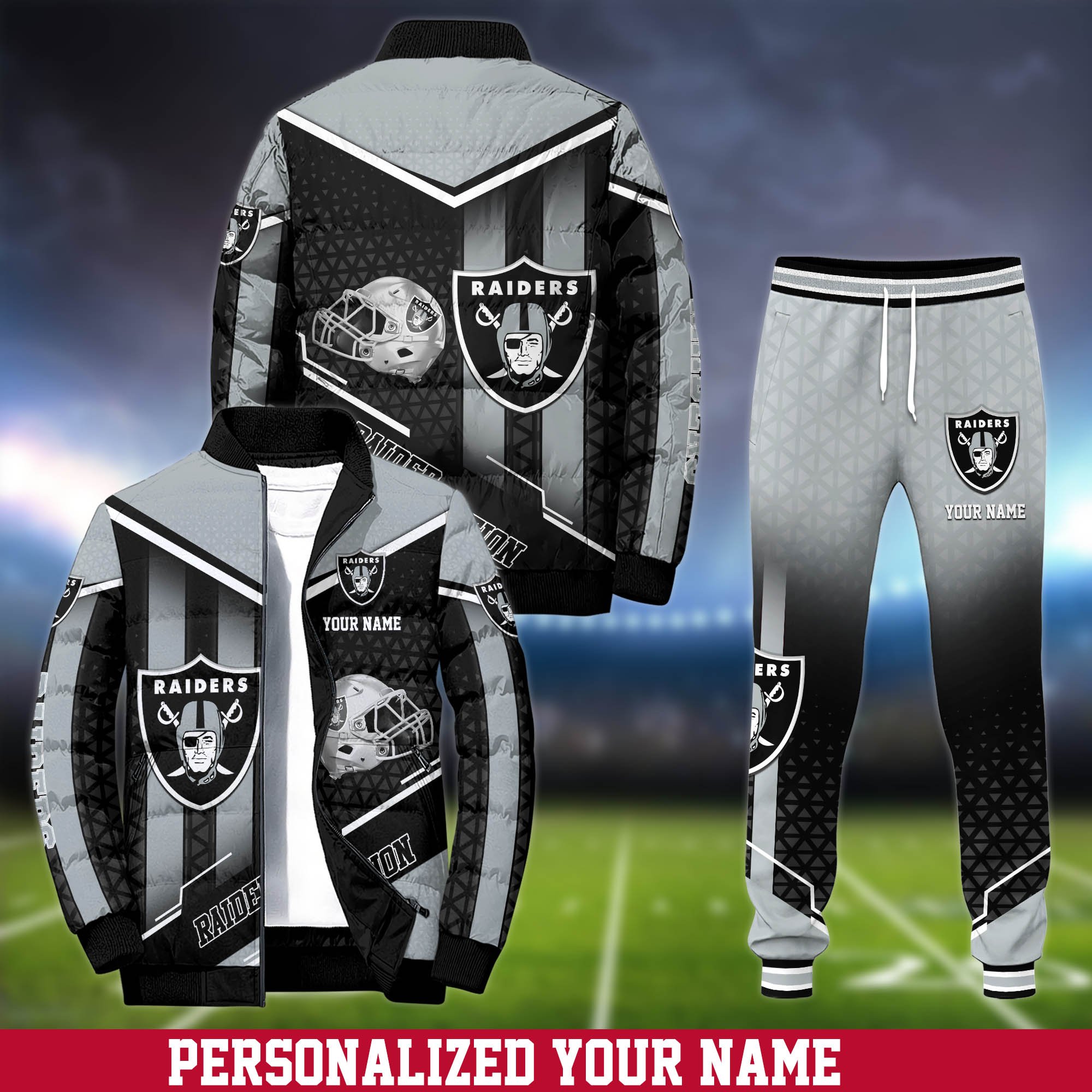 Las Vegas Raiders Puffer Jacket And Sweatpants 2024 Version Personalized Your Name, Puffer Jacket For Sport Fans, Sport Sweatpants, Gifts For Sport Lovers ETHY-62775