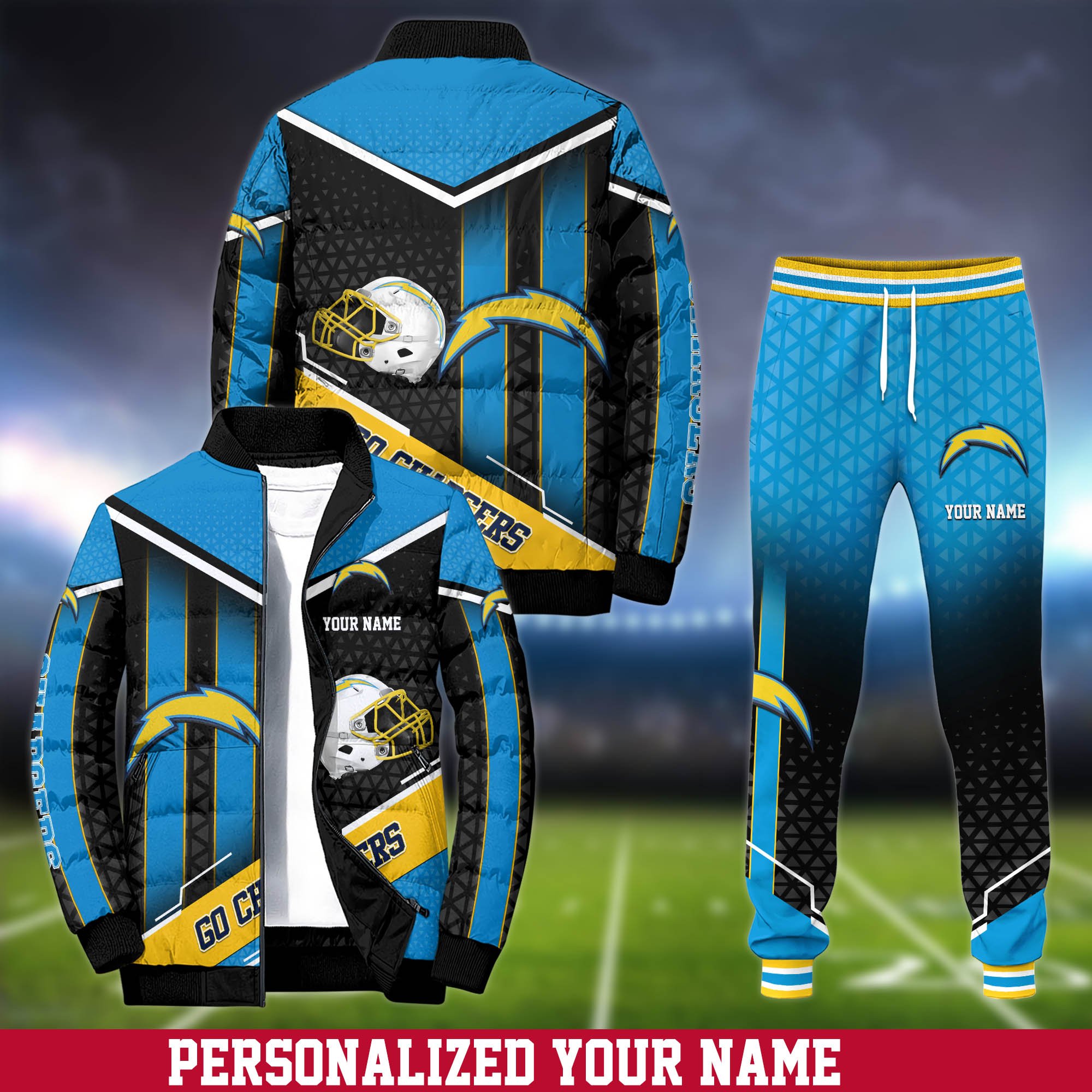 Los Angeles Chargers Puffer Jacket And Sweatpants 2024 Version Personalized Your Name, Puffer Jacket For Sport Fans, Sport Sweatpants, Gifts For Sport Lovers ETHY-62775