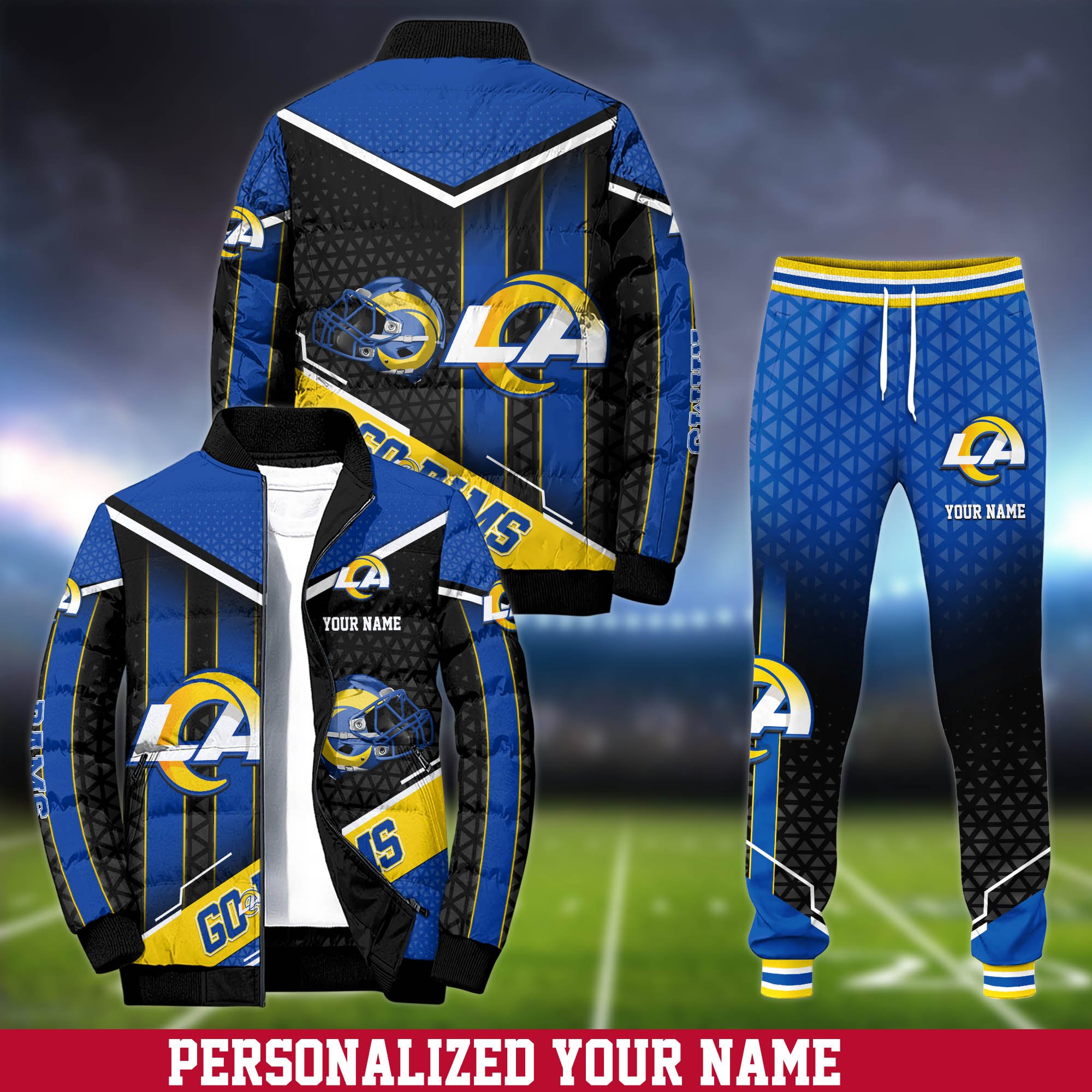 Los Angeles Rams Puffer Jacket And Sweatpants 2024 Version Personalized Your Name, Puffer Jacket For Sport Fans, Sport Sweatpants, Gifts For Sport Lovers ETHY-62775