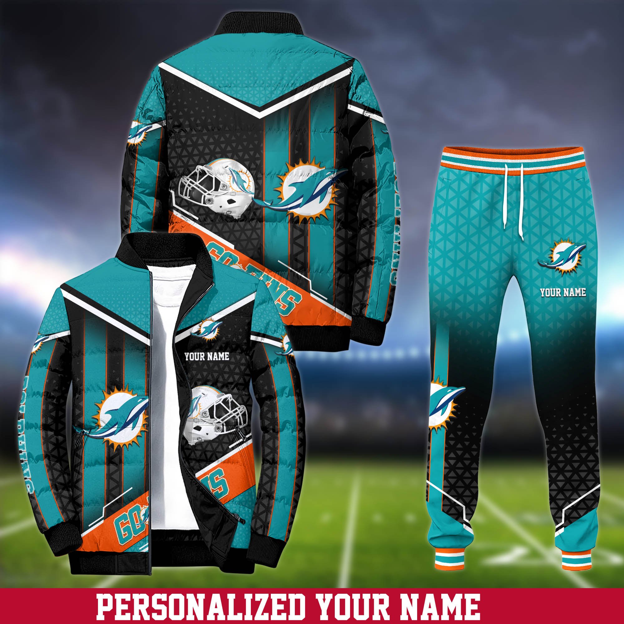 Miami Dolphins Puffer Jacket And Sweatpants 2024 Version Personalized Your Name, Puffer Jacket For Sport Fans, Sport Sweatpants, Gifts For Sport Lovers ETHY-62775