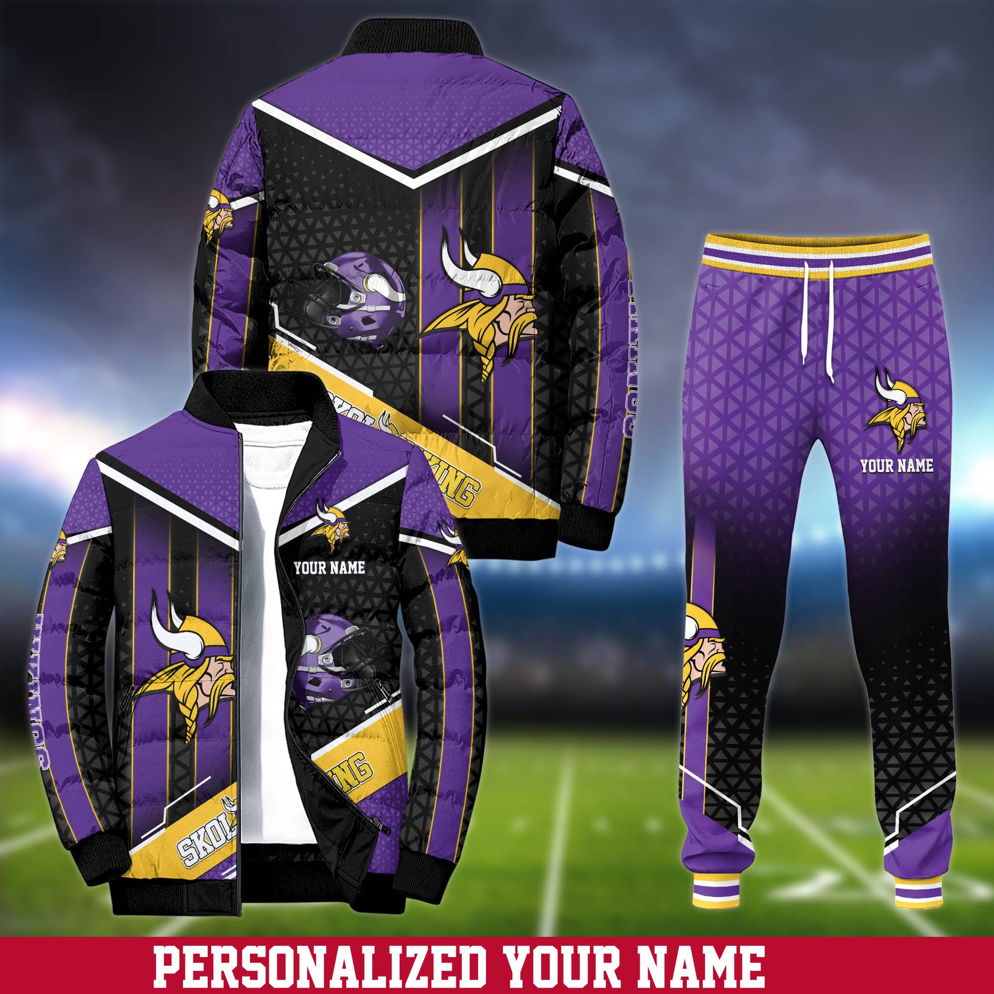 Minnesota Vikings Puffer Jacket And Sweatpants 2024 Version Personalized Your Name, Puffer Jacket For Sport Fans, Sport Sweatpants, Gifts For Sport Lovers ETHY-62775