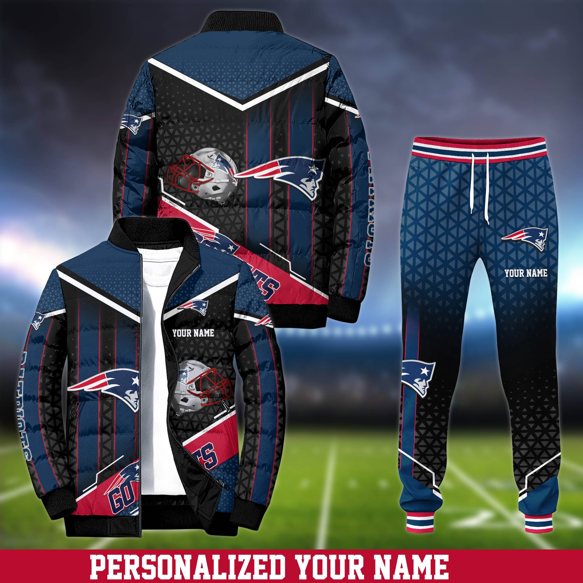 New England Patriots Puffer Jacket And Sweatpants 2024 Version Personalized Your Name, Puffer Jacket For Sport Fans, Sport Sweatpants, Gifts For Sport Lovers ETHY-62775