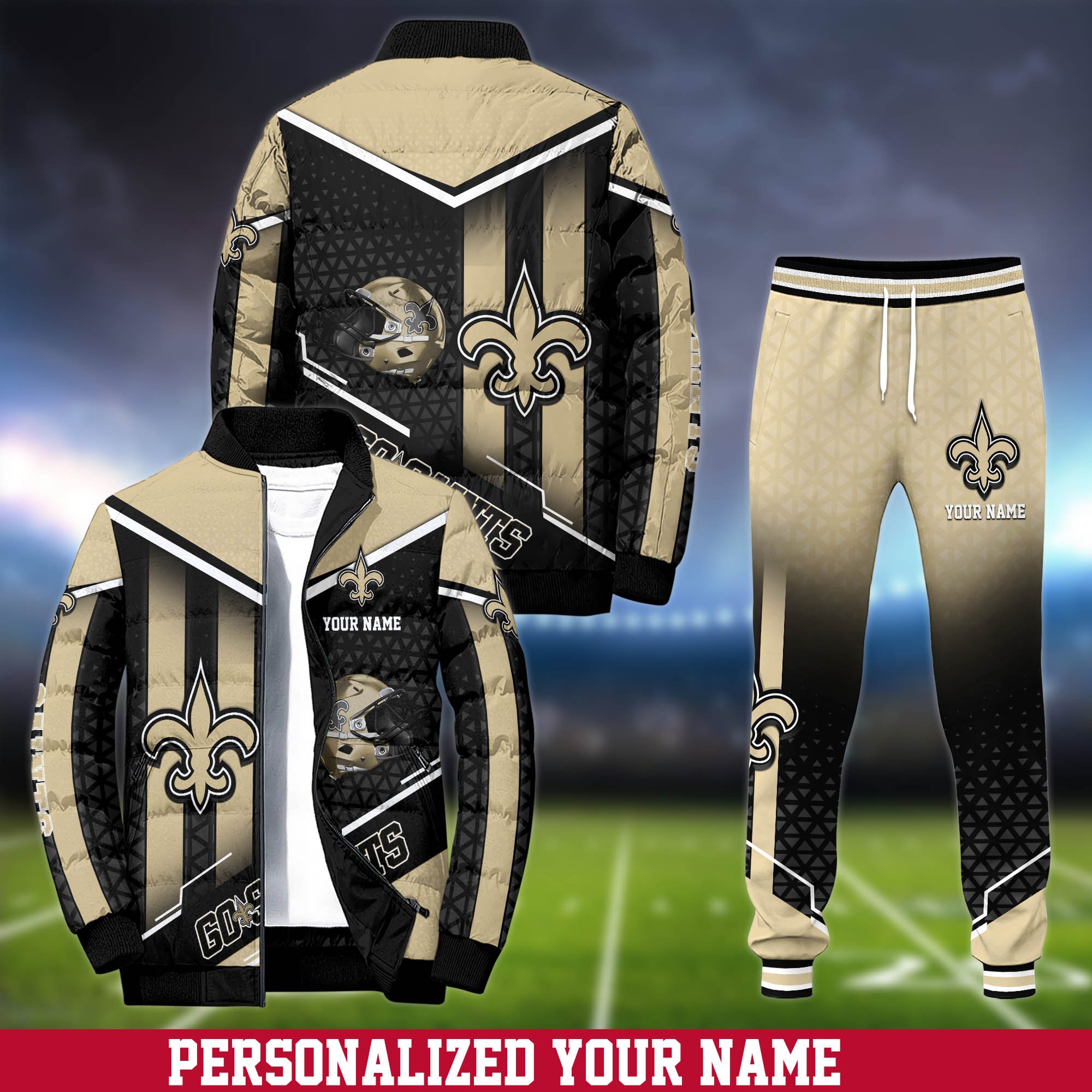 New Orleans Saints Puffer Jacket And Sweatpants 2024 Version Personalized Your Name, Puffer Jacket For Sport Fans, Sport Sweatpants, Gifts For Sport Lovers ETHY-62775