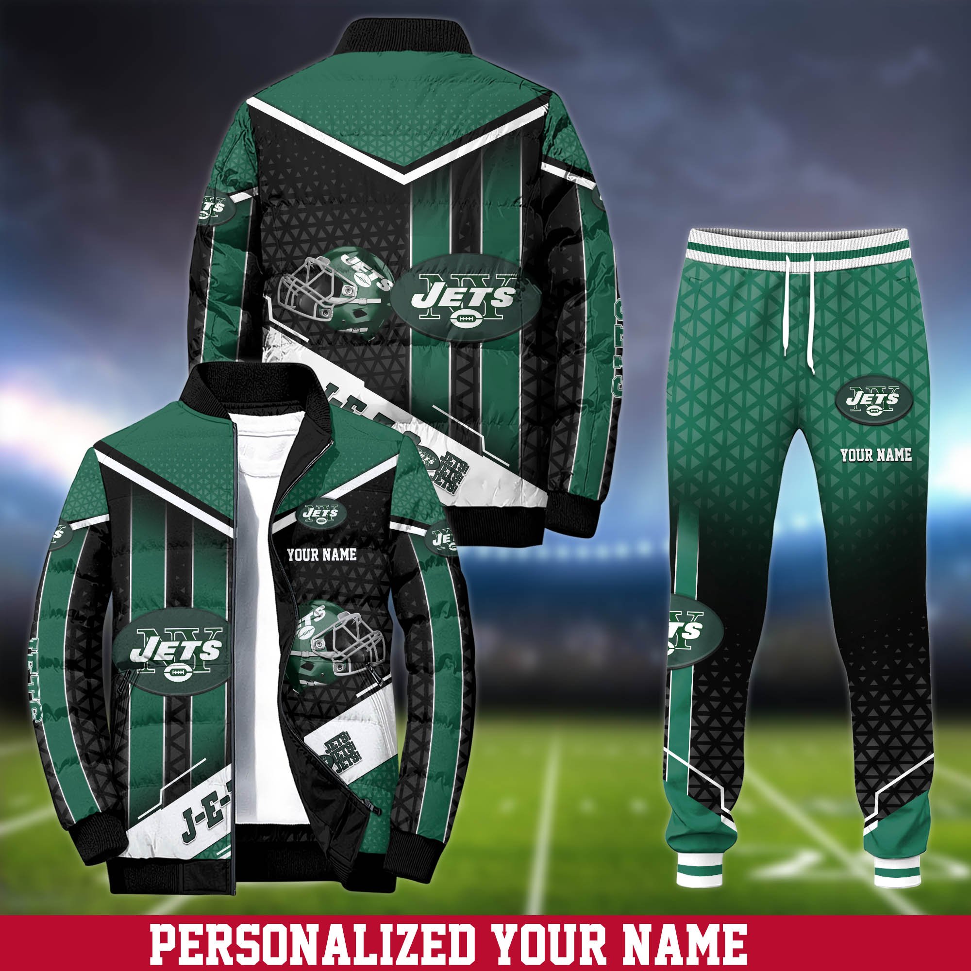 New York Jets Puffer Jacket And Sweatpants 2024 Version Personalized Your Name, Puffer Jacket For Sport Fans, Sport Sweatpants, Gifts For Sport Lovers ETHY-62775