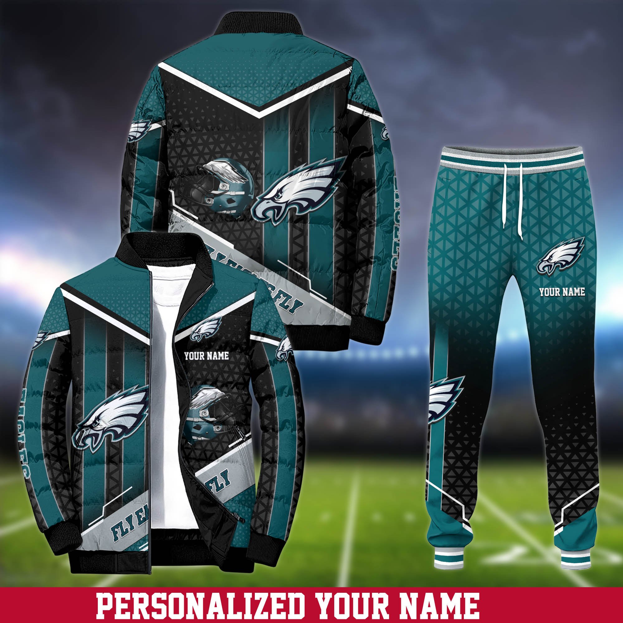 Philadelphia Eagles Puffer Jacket And Sweatpants 2024 Version Personalized Your Name, Puffer Jacket For Sport Fans, Sport Sweatpants, Gifts For Sport Lovers ETHY-62775