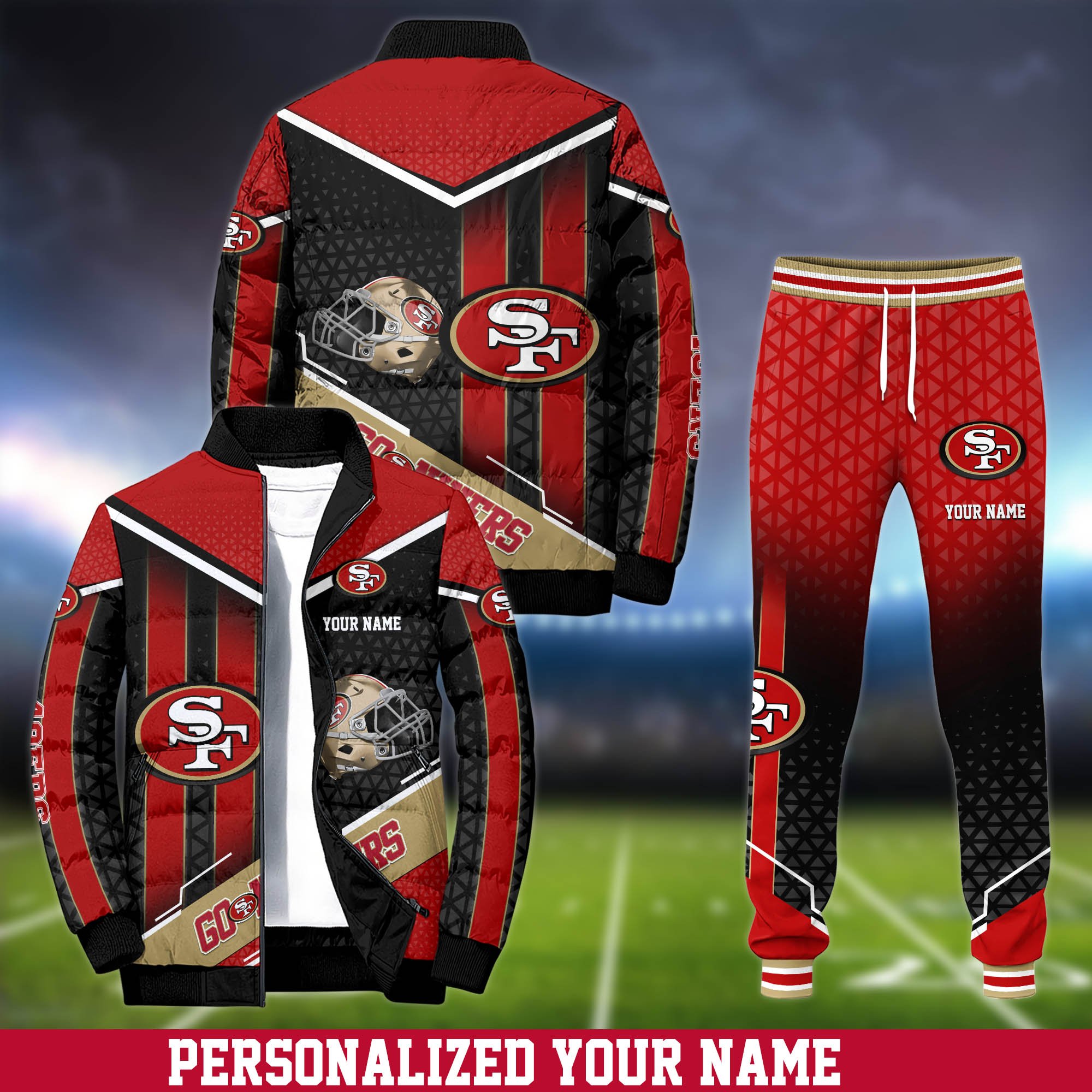 San Francisco 49ers Puffer Jacket And Sweatpants 2024 Version Personalized Your Name, Puffer Jacket For Sport Fans, Sport Sweatpants, Gifts For Sport Lovers ETHY-62775