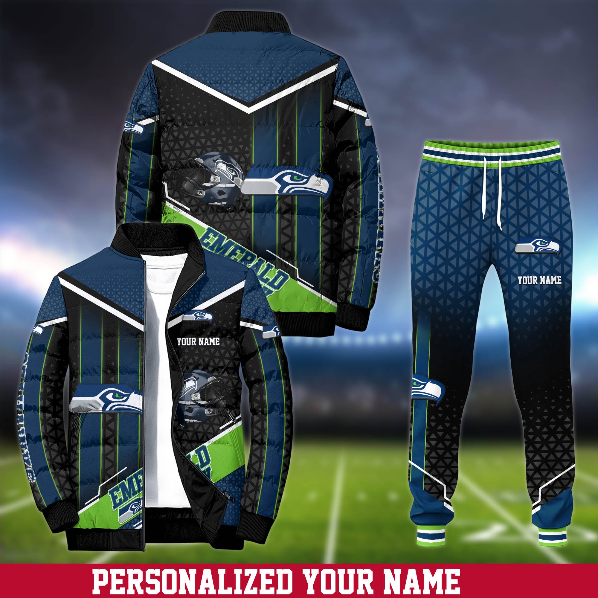 Seattle Seahawks Puffer Jacket And Sweatpants 2024 Version Personalized Your Name, Puffer Jacket For Sport Fans, Sport Sweatpants, Gifts For Sport Lovers ETHY-62775